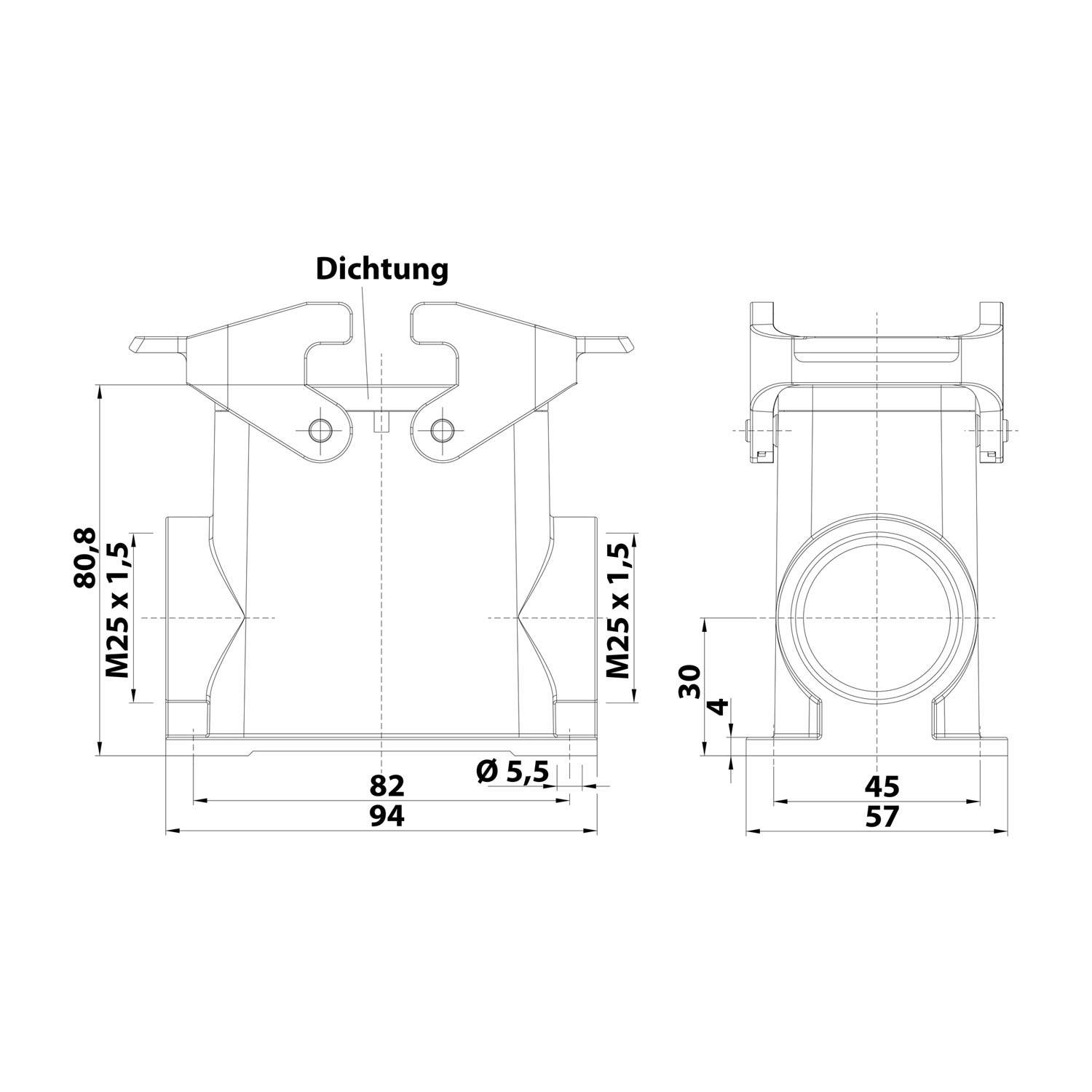 Technische Zeichnung eines mechanischen Bauteils mit Maßen: Höhe 80,8, Breite 94, Durchmesser 5,5. Hinweis: M25 x 1,5 Gewinde, Beschriftung 'Dichtung'.