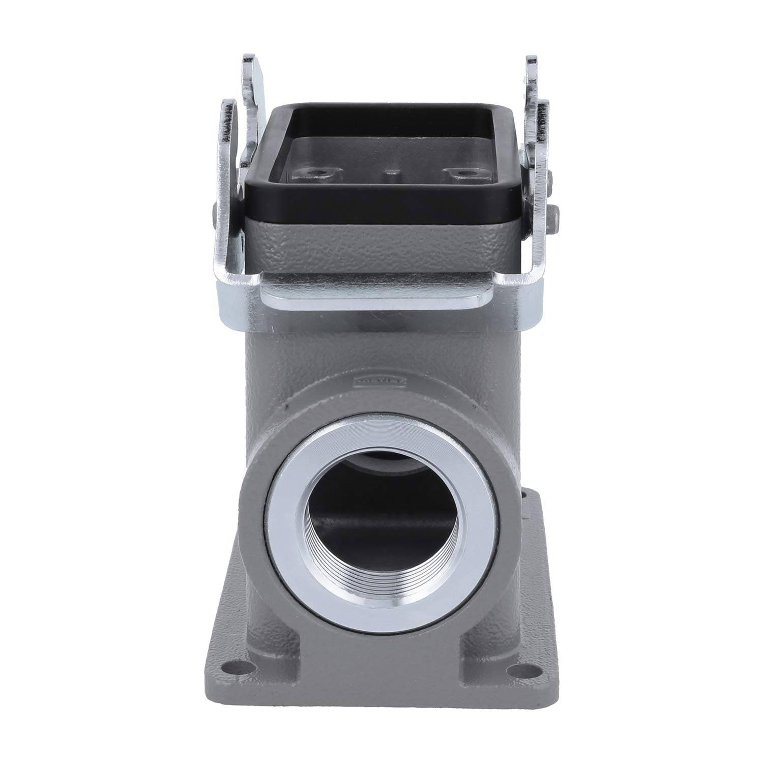 Ein metallischer industrieller Anschlussblock mit einer kreisförmigen Gewindeöffnung und einem rechteckigen Montagebügel oben.