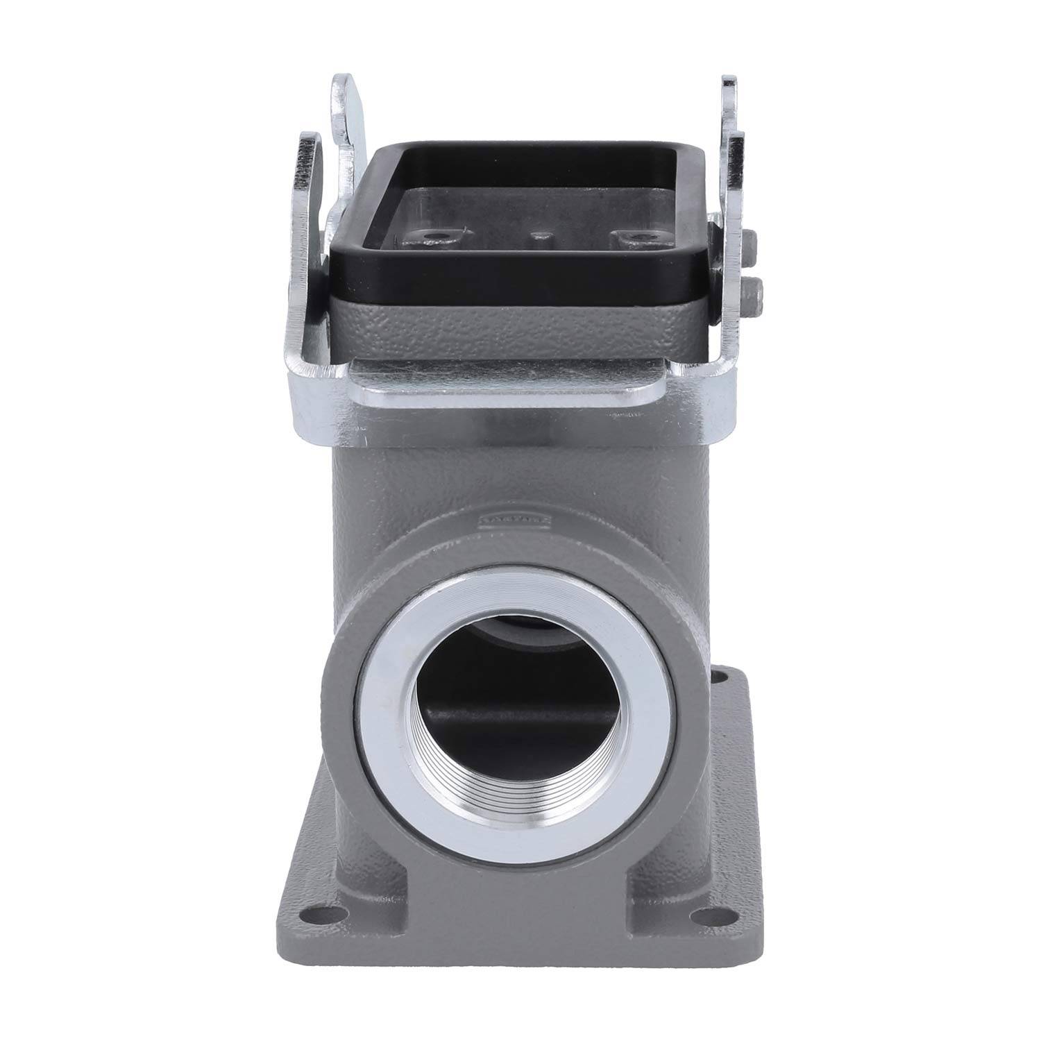 Ein grauer Metallventil mit quadratischer Oberseite und kreisförmiger Seitenöffnung, möglicherweise für industrielle Fluidsteuerung oder Rohrsysteme verwendet.