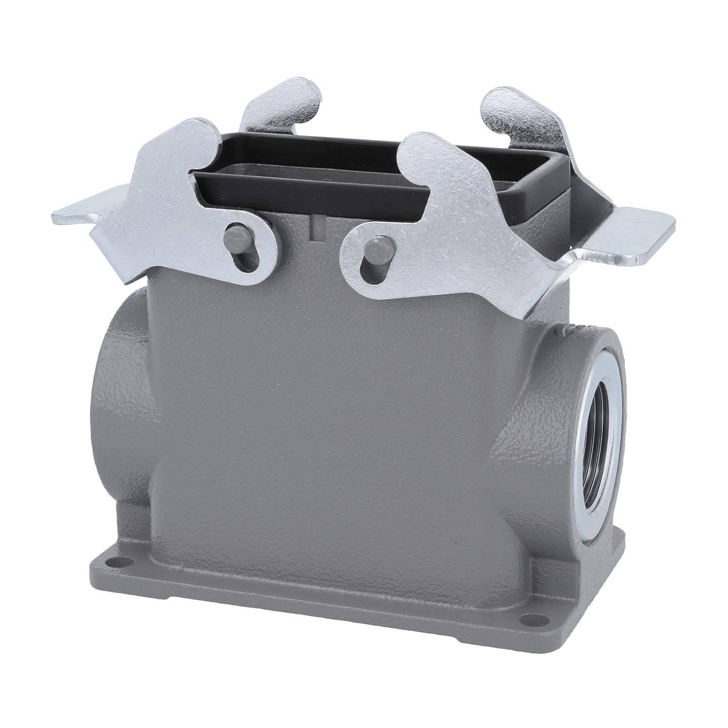 Ein grauer rechteckiger elektrischer Anschlussgehäuse mit seitlichem Eingang und Metallverriegelungsclips, entwickelt zur Sicherung von Verbindungen in industriellen Umgebungen.