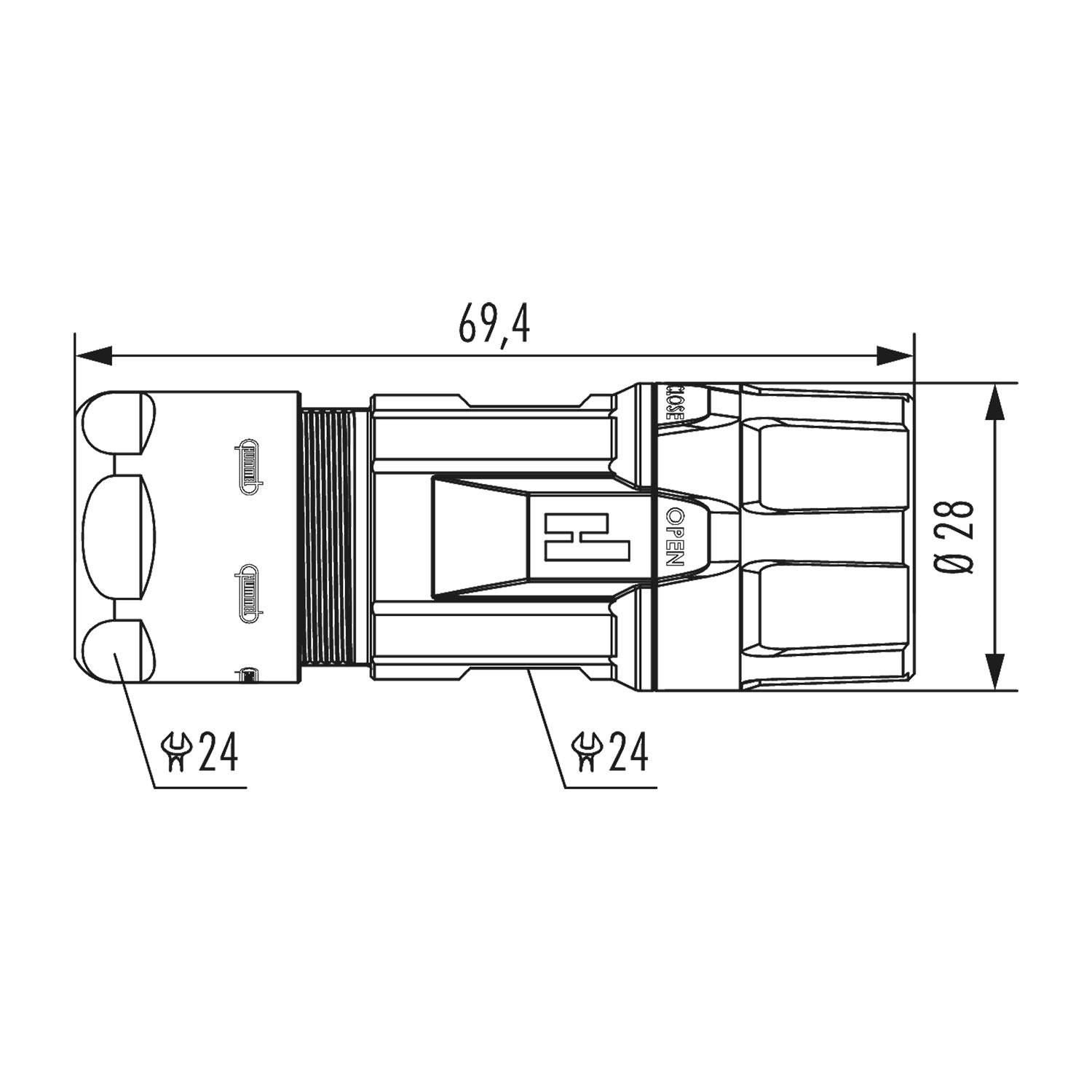Technische Zeichnung eines Kabelsteckverbinders. Abmessungen betragen 69,4 mm in der Länge und 28 mm im Durchmesser. Enthält zwei 24 mm Schraubenschlüssel.