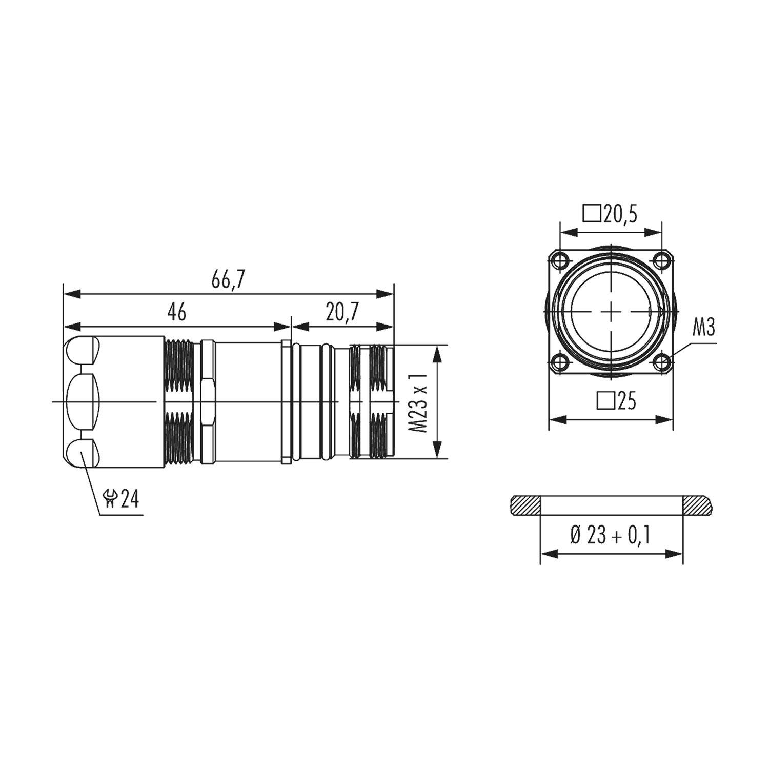 Technische Zeichnung eines zylindrischen Verbindungsstücks, mit Seiten- und Draufsicht und Maßangaben in Millimetern: Länge 66,7, Durchmesser 23.