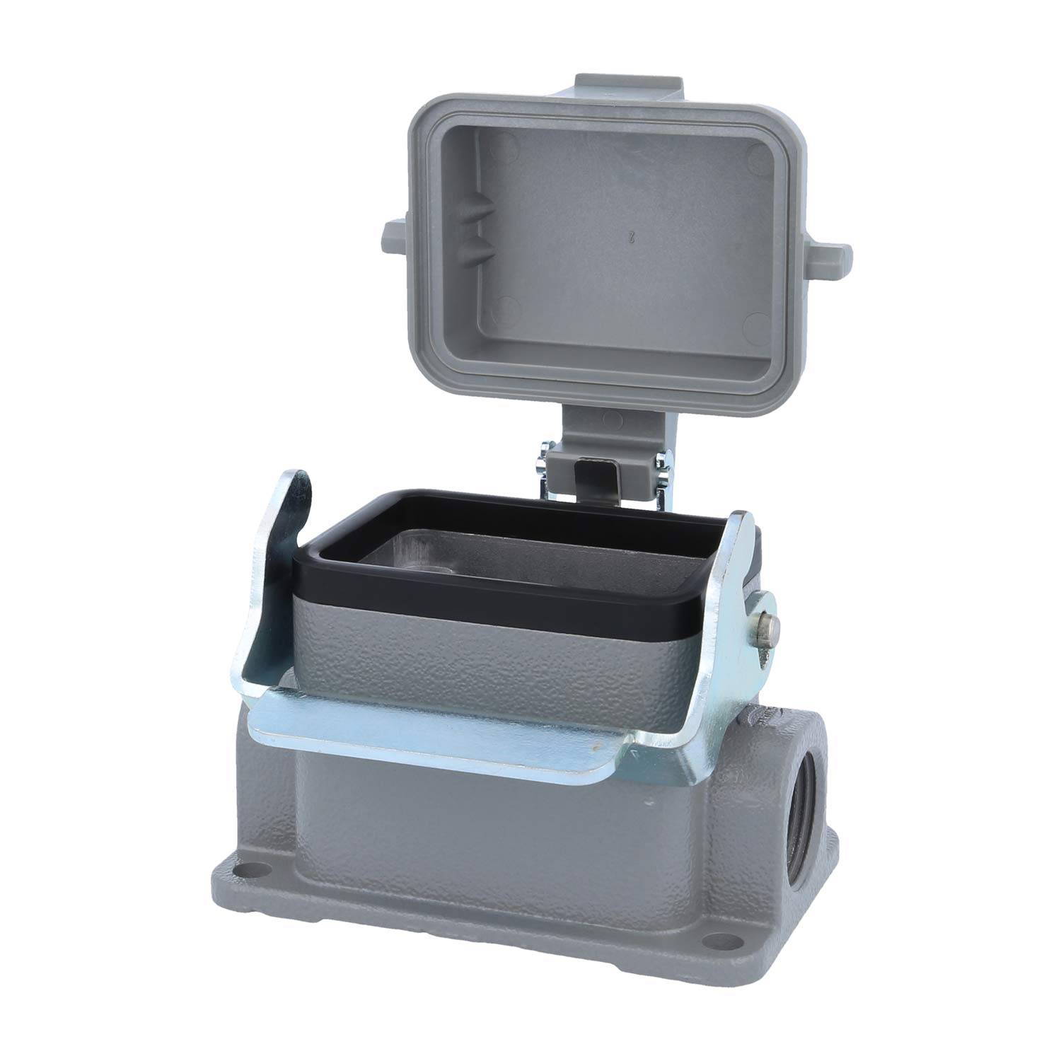 Metallische elektrische Verteilerdose mit geöffnetem Schutzdeckel, die das Innere des Gehäuses freilegt. Geeignet für industrielle Anwendungen.