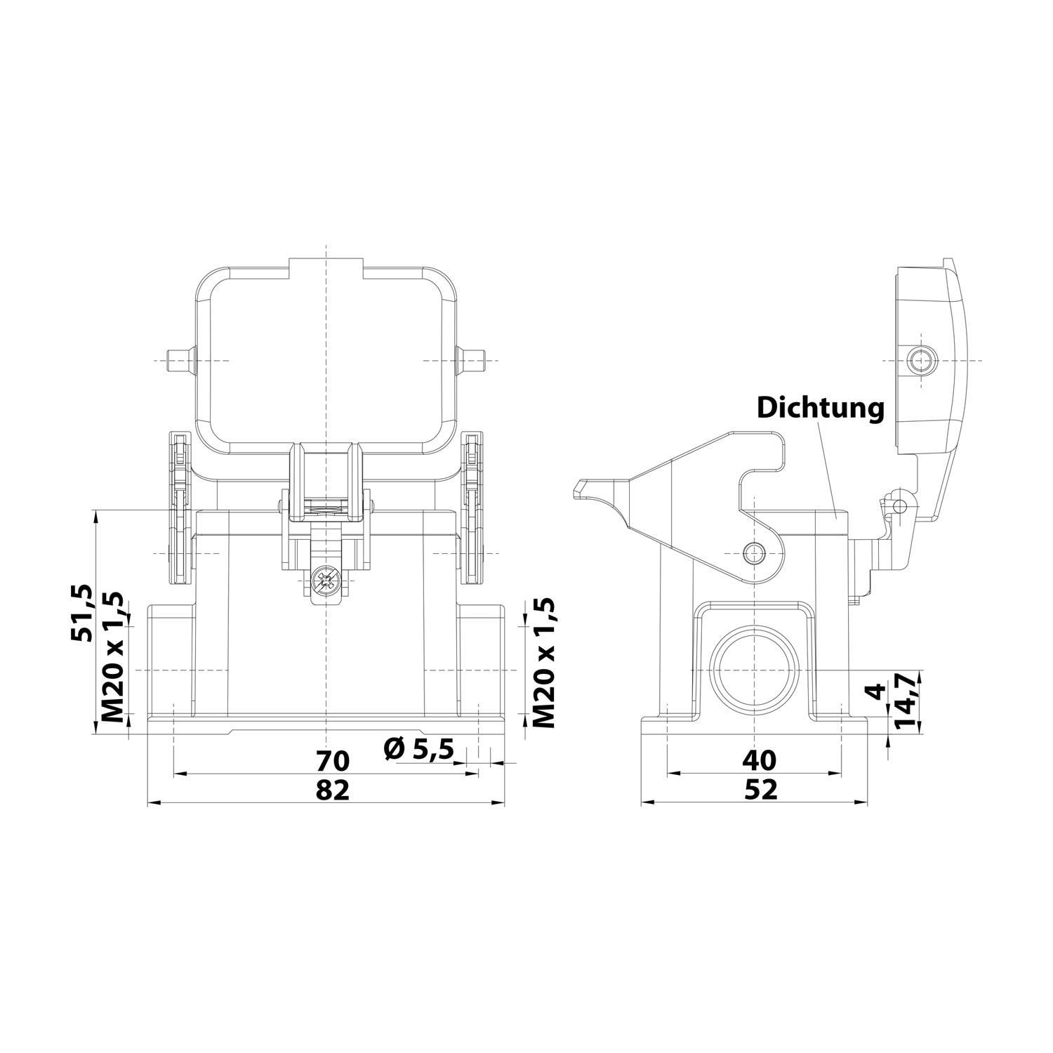 04300061264 HARTING Han 6B Sockelgehäuse niedrig, 2xM20 seitlicher Kabelabgang, mit 1 Längsbügel mit Schutzkappe