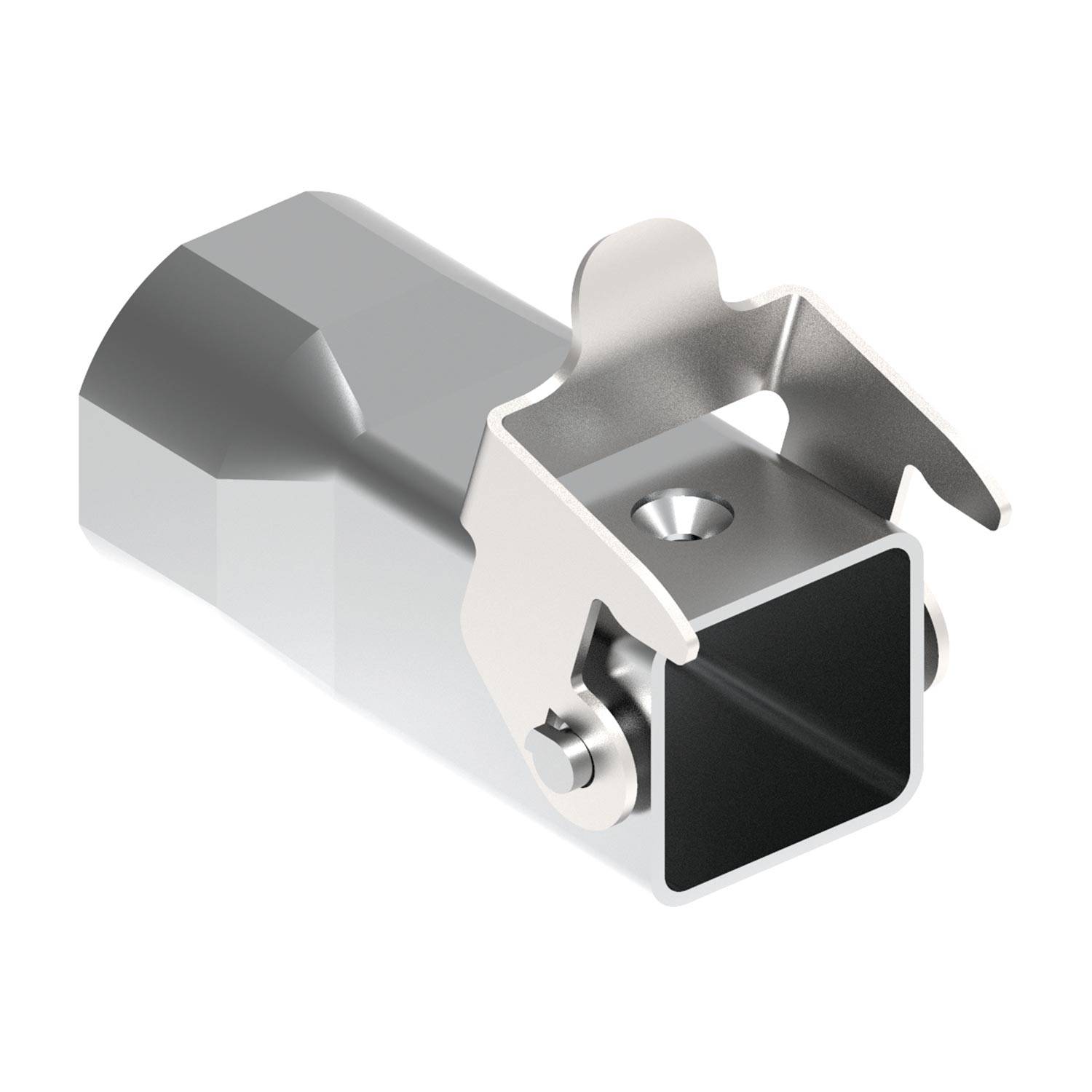 Ein silberner Metallverbinder mit einer quadratischen Öffnung und zwei klippartigen Elementen an den Seiten, der zum Verbinden von strukturellen Aluminiumprofilen verwendet wird.
