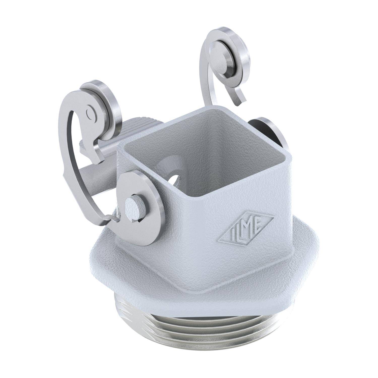 ILME Kupplungseinsatz, ein quadratischer silberner Metallverbinder mit Scharnierbögen, der für industrielle oder elektronische Verbindungen verwendet wird.