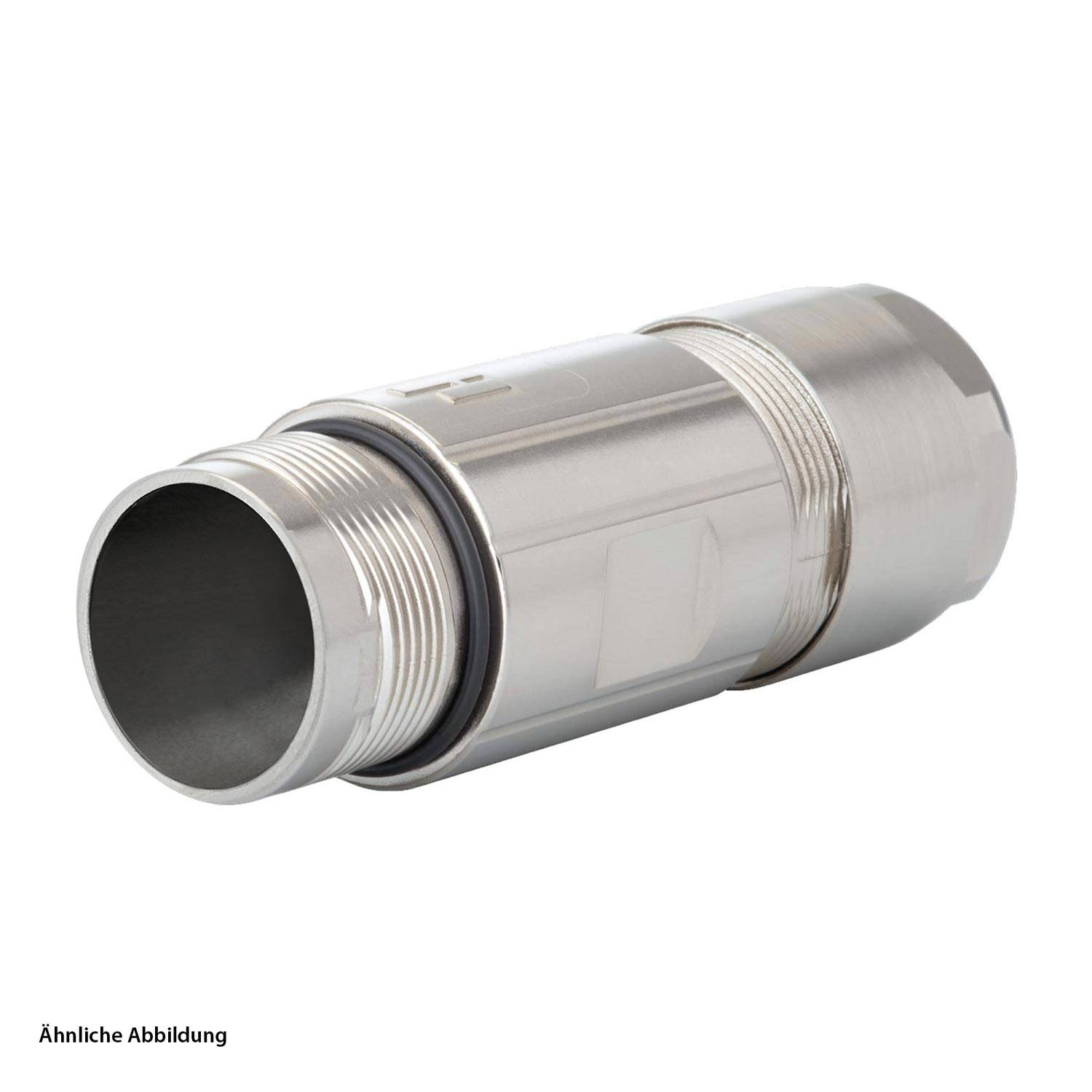 Verchromte Metall-Zylinderkupplung mit gerillter Außenseite und Gummidichtung, verwendet zum Verbinden von Rohren in der Sanitärinstallation.