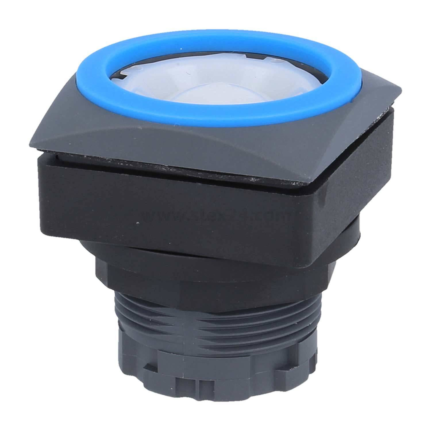 Ein schwarzer und blauer industrieller Drucktaster mit einer runden, transluzenten Oberfläche, der für die Paneelmontage konzipiert ist.