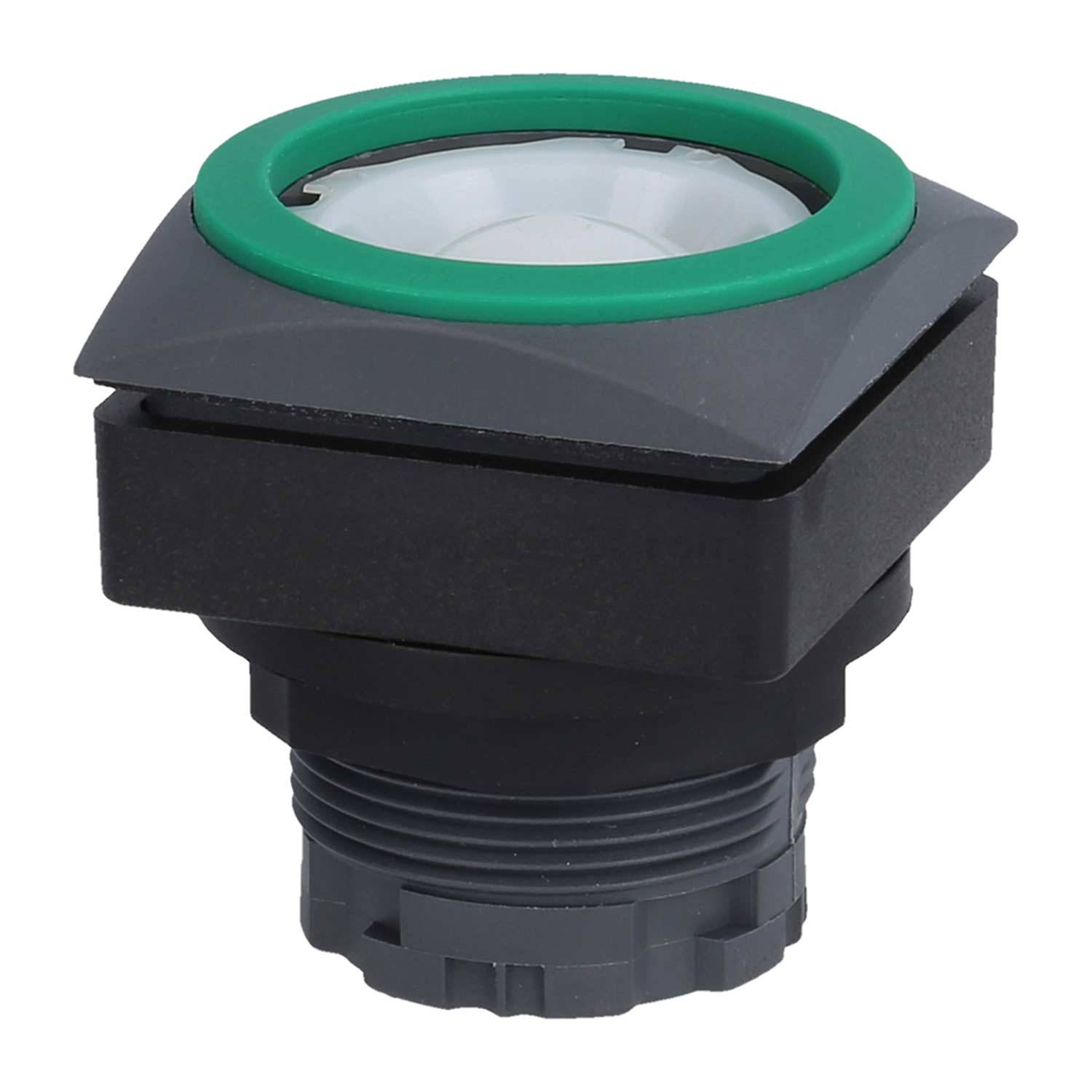 Quadratischer Industrieknopf mit einem kreisförmigen grünen Umriss oben, montiert auf einer grauen Basis.