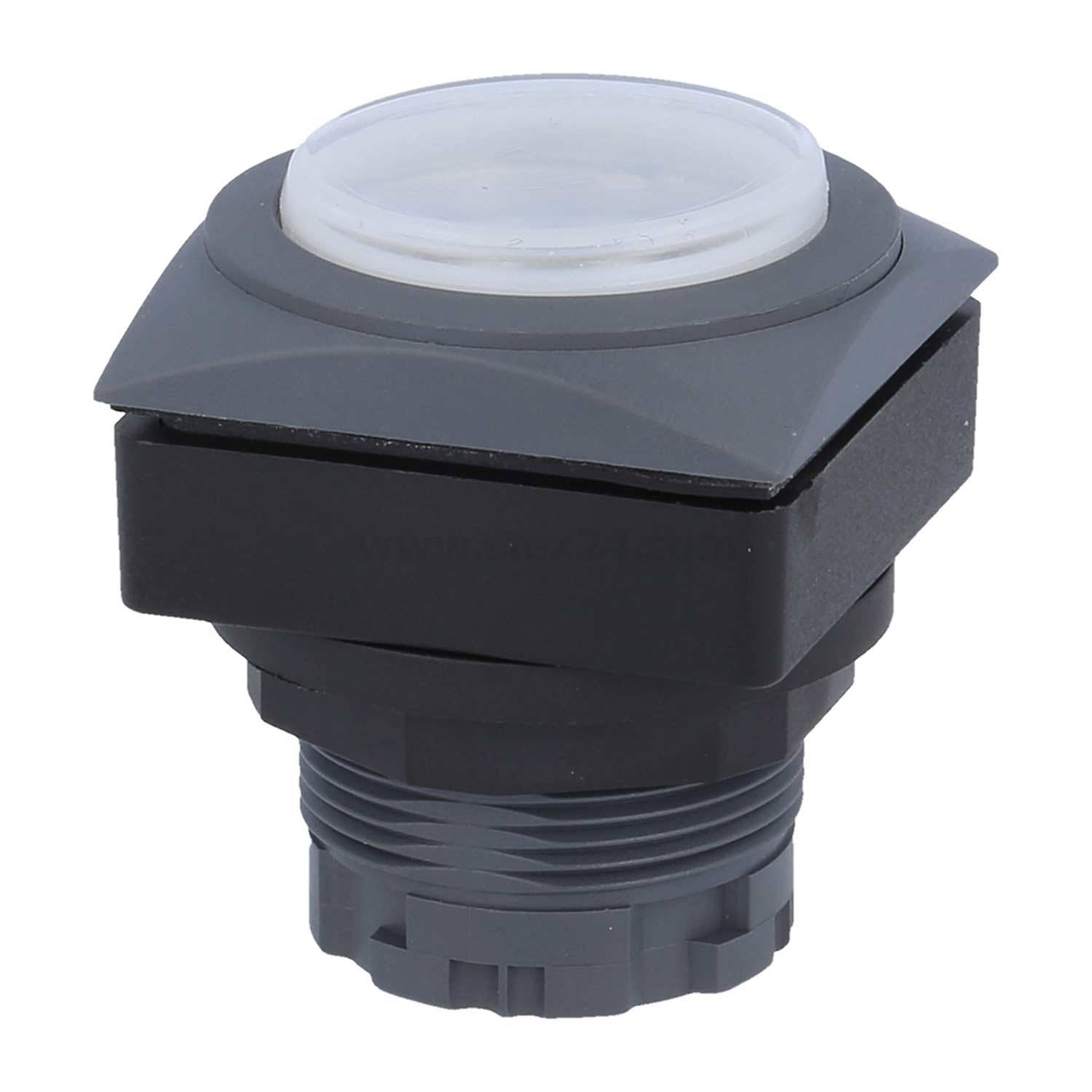 Ein quadratischer schwarzer Druckknopf mit weißer Oberfläche, der zur Steuerung elektronischer Geräte verwendet wird. Er verfügt über eine gewindete Basis zur Befestigung.