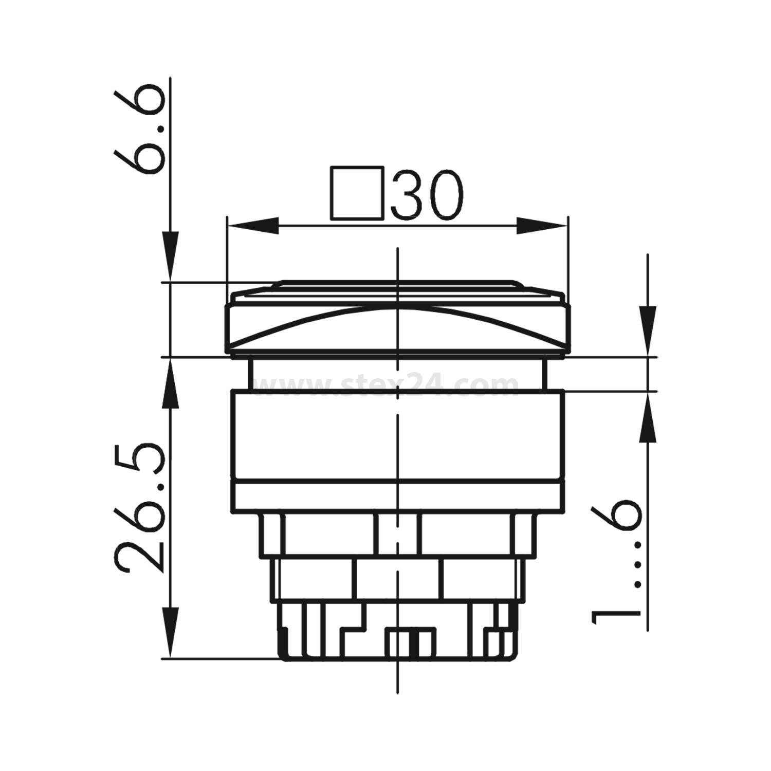 Technische Zeichnung eines zylindrischen Objekts mit Abmessungen. Höhe beträgt 26,5 mm, Durchmesser oben ist 30 mm, zusätzliche Höhe von 6,6 mm angegeben.