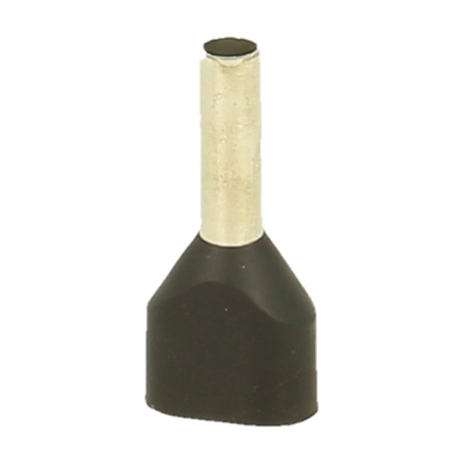Eine schwarze Ferrul mit einer Metallquetschhülse, die zum Sichern von Drahtenden verwendet wird.