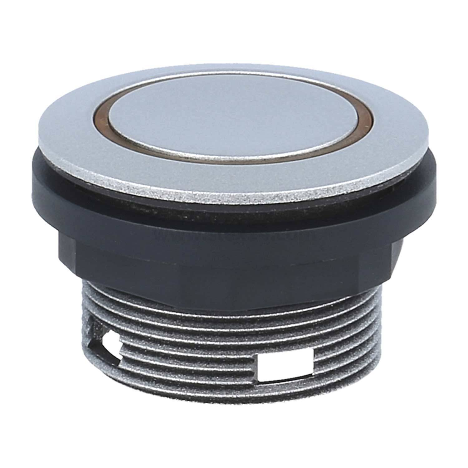 Ein rundes, metallisches Drucktastenschalter mit Gewindebasis, geeignet für die Paneelmontage in elektronischen oder industriellen Anwendungen.