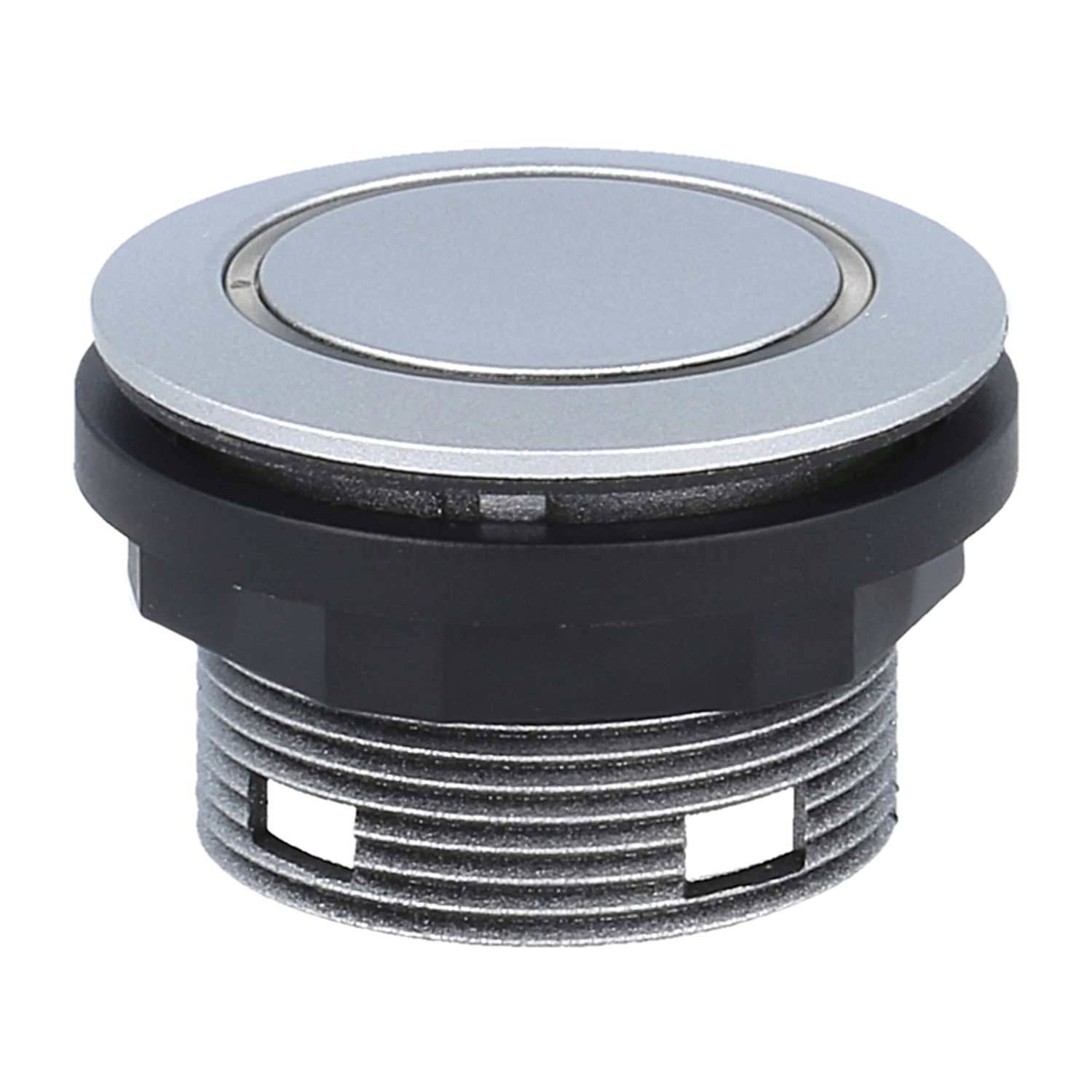 Ein metallischer Drucktastenschalter, konzipiert für die Paneelmontage, mit einer runden, flachen silbernen Oberfläche und einer schwarzen Gewindebasis.