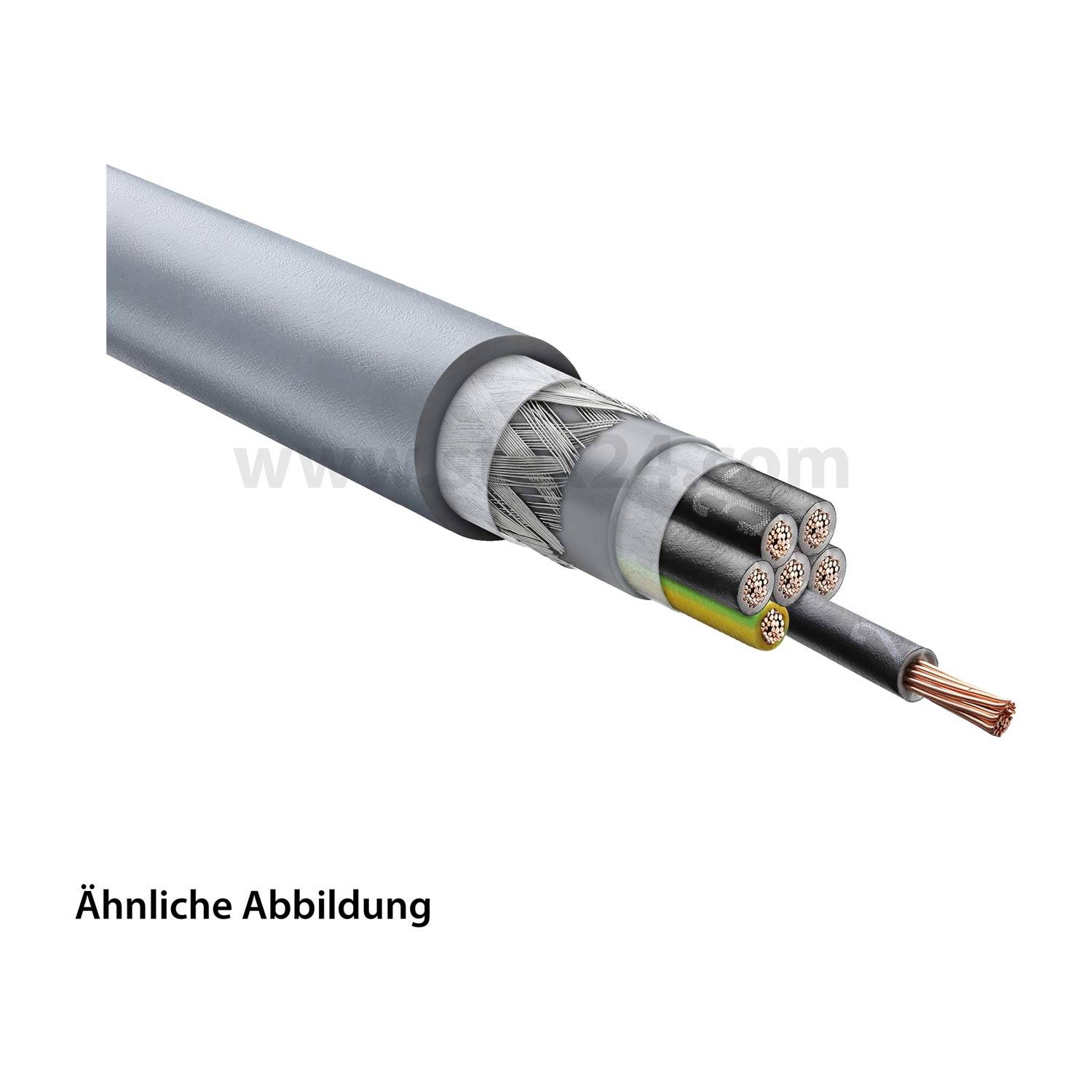Ein Querschnitt eines industriellen Kabels, der innere Kupferdrähte und äußere Schutzschichten zeigt. Text lautet: Ähnliche Abbildung.