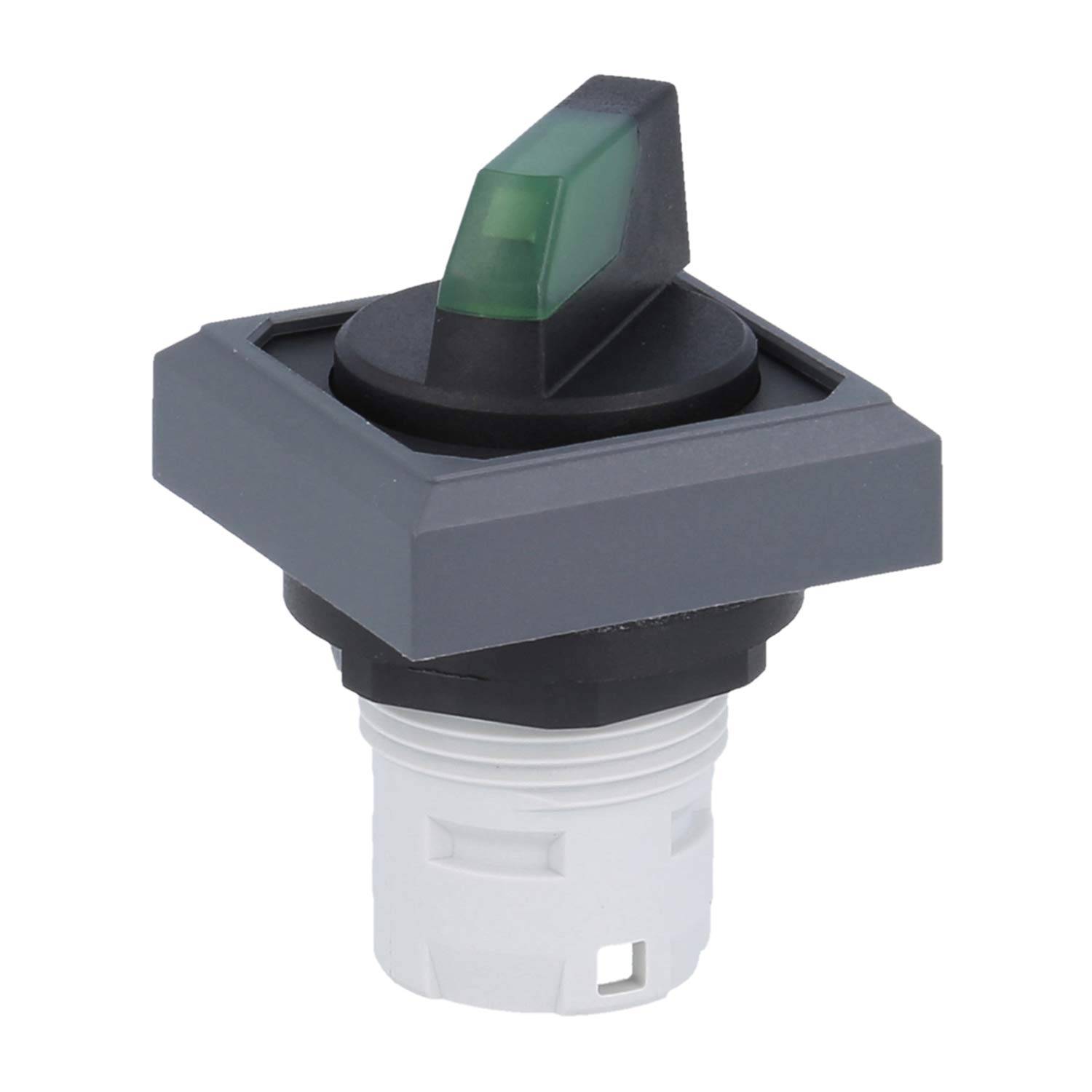 Ein quadratischer Drucktaster mit schwarzem und grünem Kopf und weißer Basis, der häufig in industriellen Steuerungspanels verwendet wird.