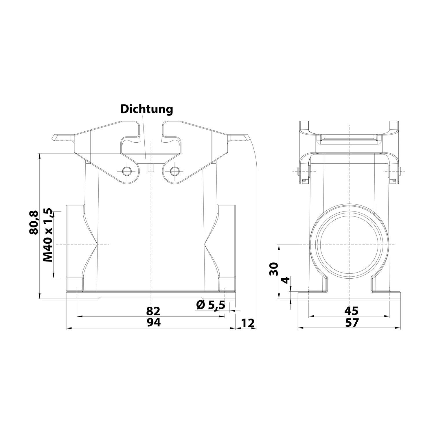 Technische Zeichnung einer mechanischen Dichtung mit Bezeichnung 'Dichtung'. Vorder- und Seitenansicht zeigen Abmessungen: 80,8 Höhe, 82 Breite, 45 Innenbreite.