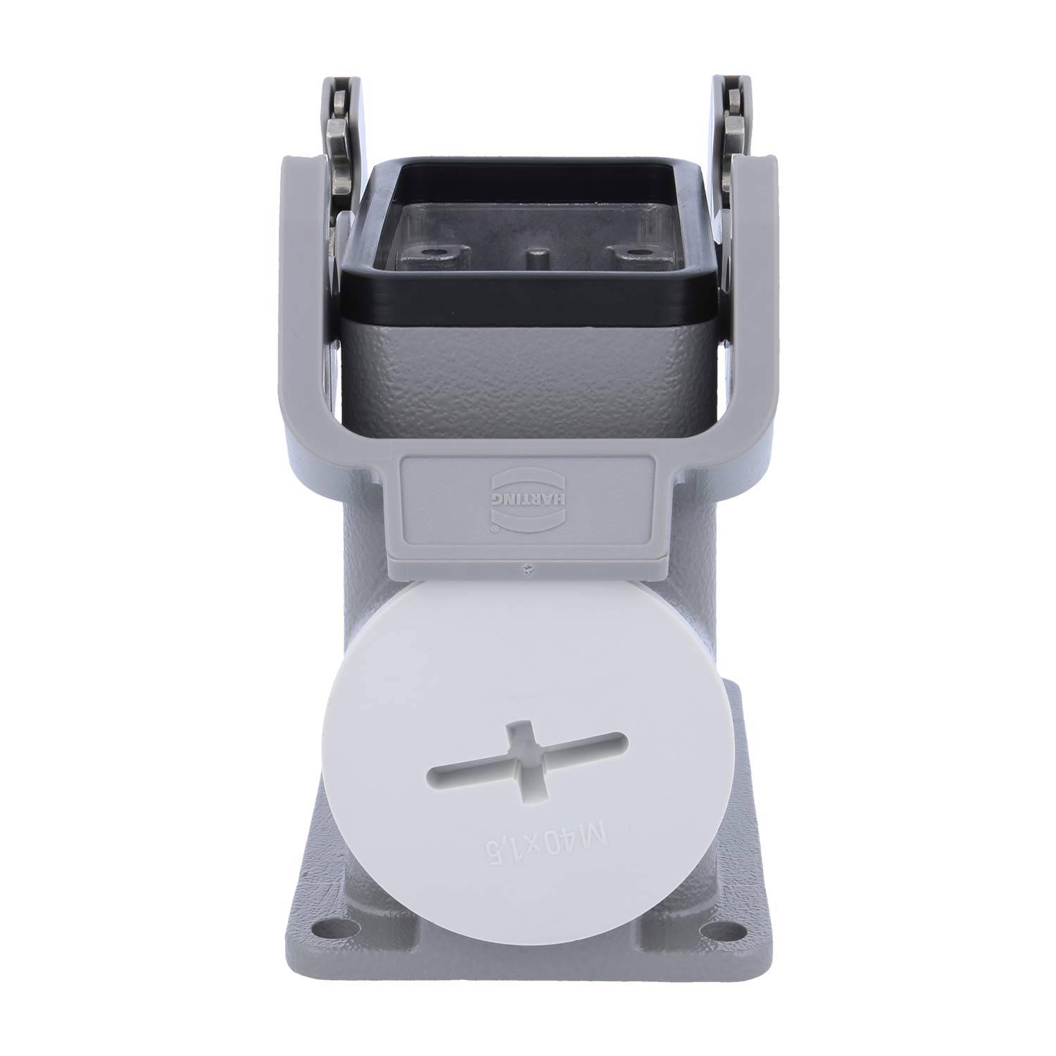 Elektrisches Anschlussgehäuse in Grau mit montierter Abdeckung und sichtbarem Markenlogo. Konzipiert für robuste industrielle Anwendungen.