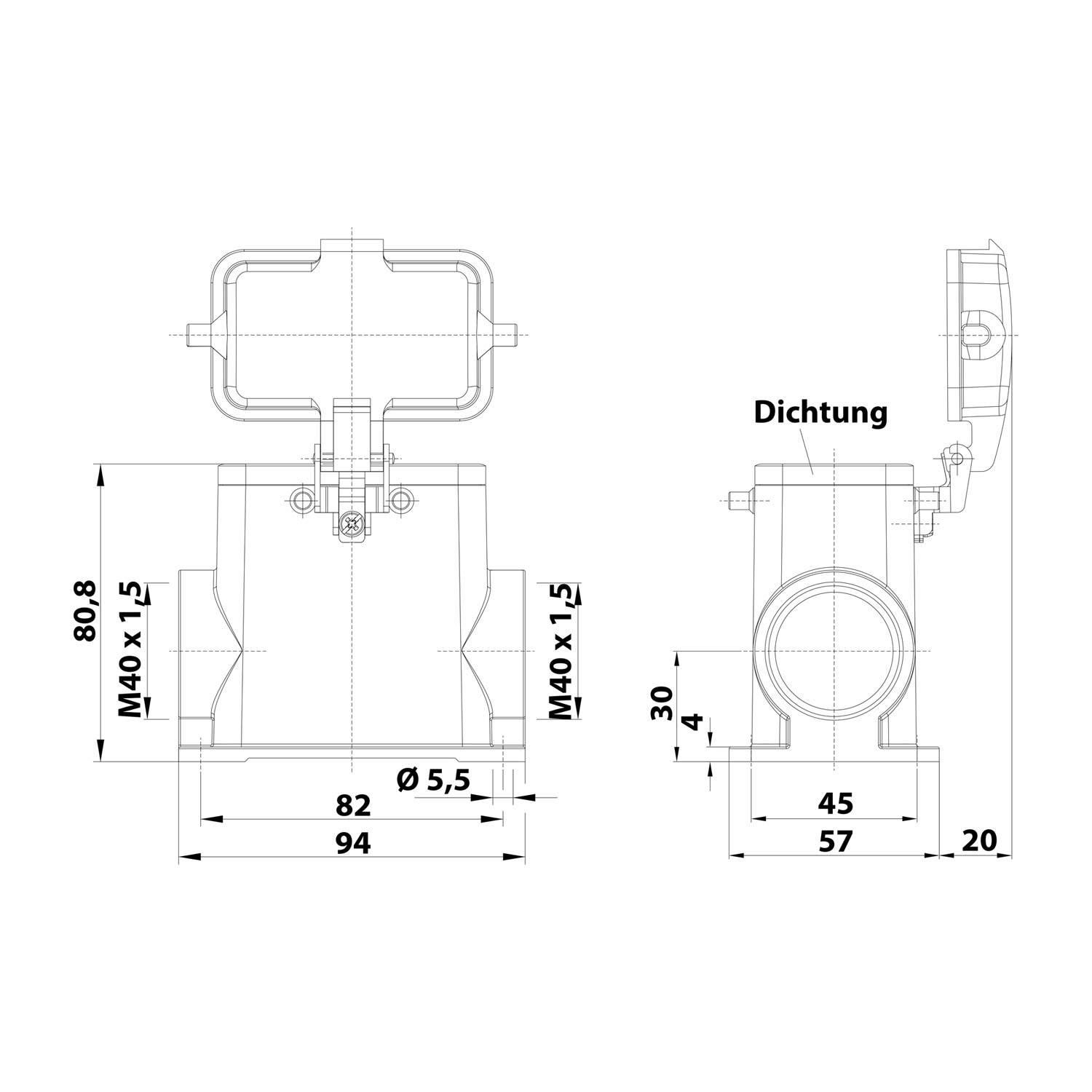 05300100277 HARTING Han 10B Sockelgehäuse hoch, 2xM40 seitlicher Kabelabgang, für 2 Bügel (am Oberteil) mit Schutzkappe