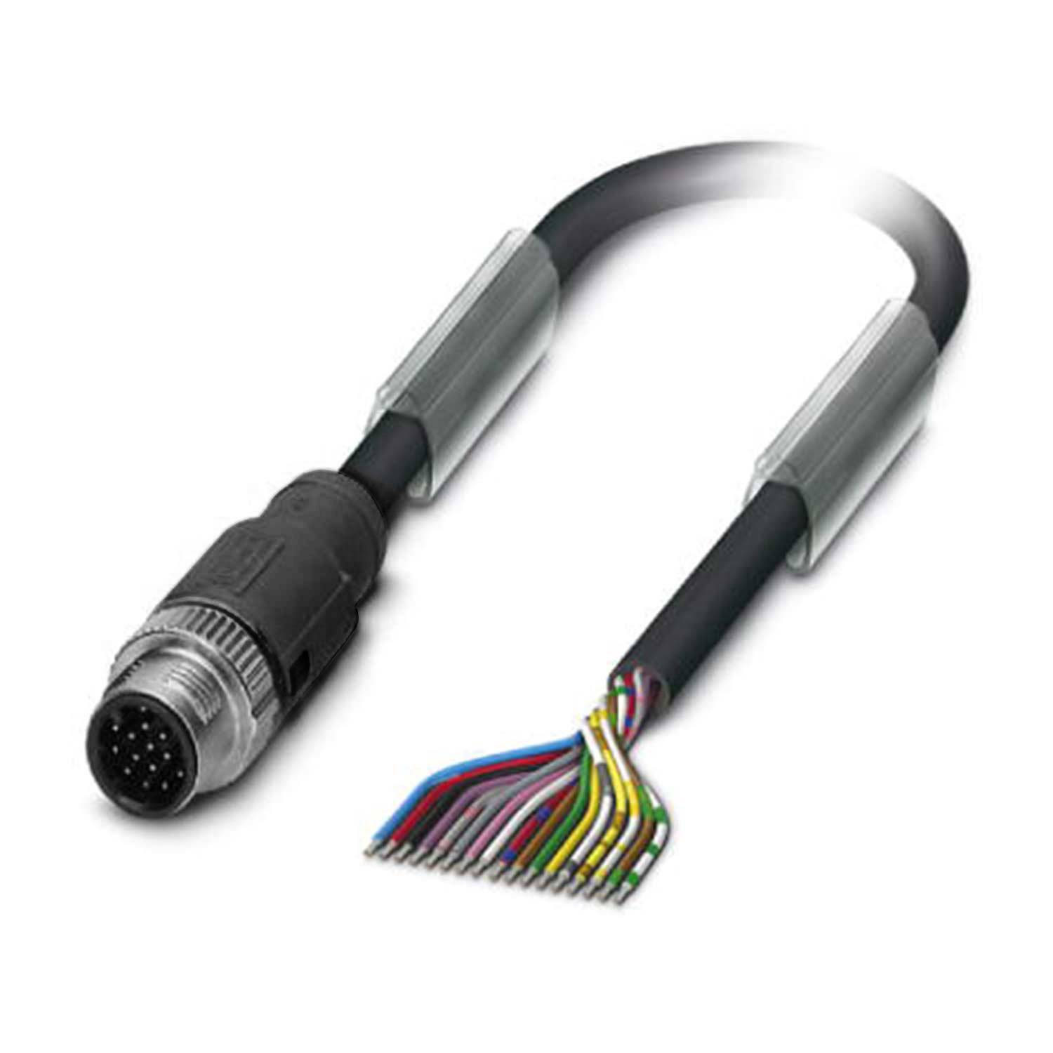 Ein Mehrleiter-Kabel mit einem industriellen Stecker an einem Ende und freigelegten farbigen Leitern am anderen Ende, verwendet für elektronische Verbindungen.