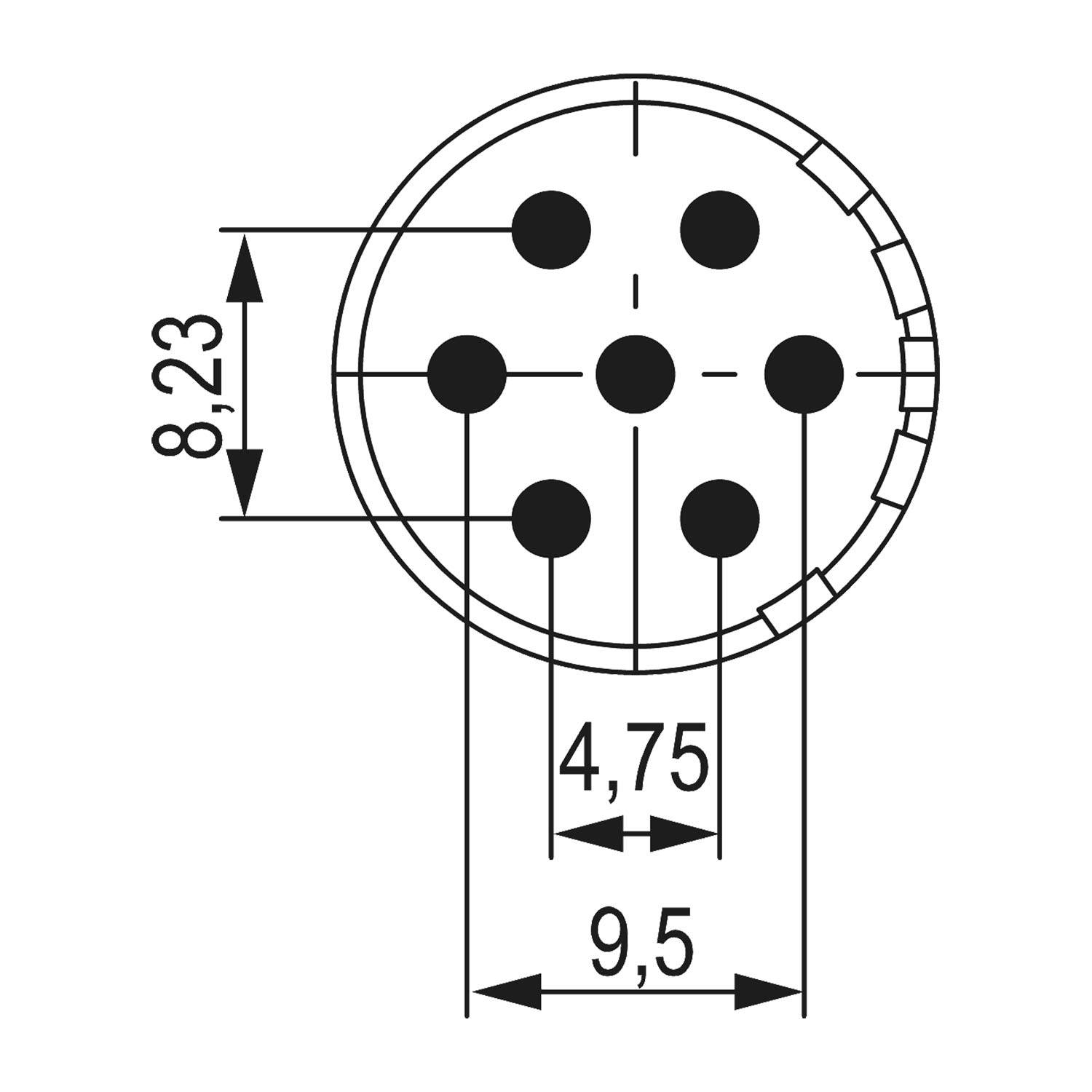 Diagramm eines kreisförmigen elektronischen Anschlusses mit fünf gleichmäßig verteilten Pins im Inneren. Zwei Maßlinien zeigen 8,23 mm und 9,5 mm an.