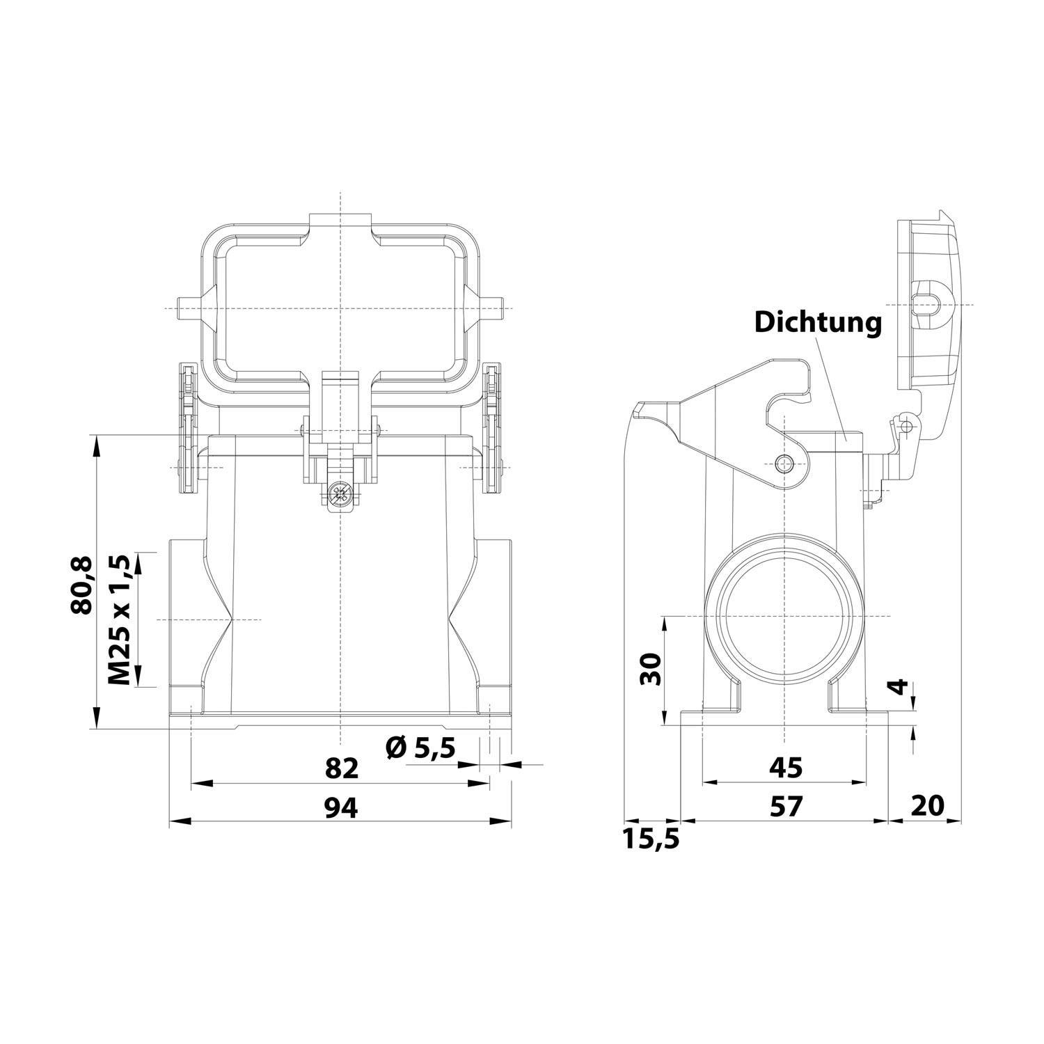 05300100282 HARTING Han 10B Sockelgehäuse hoch, 1xM25 seitlicher Kabelabgang, mit 1 Längsbügel mit Schutzkappe