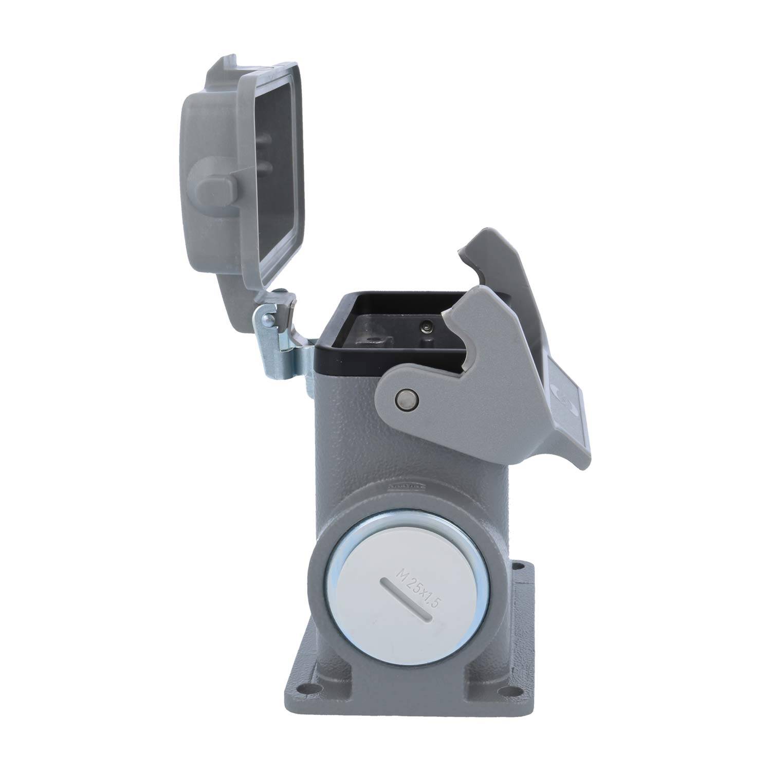 Eine geschlossene graue elektrische Gehäuse mit einem runden Verschluss an der Vorderseite, von der Seite betrachtet, vor einem einfarbigen weißen Hintergrund.