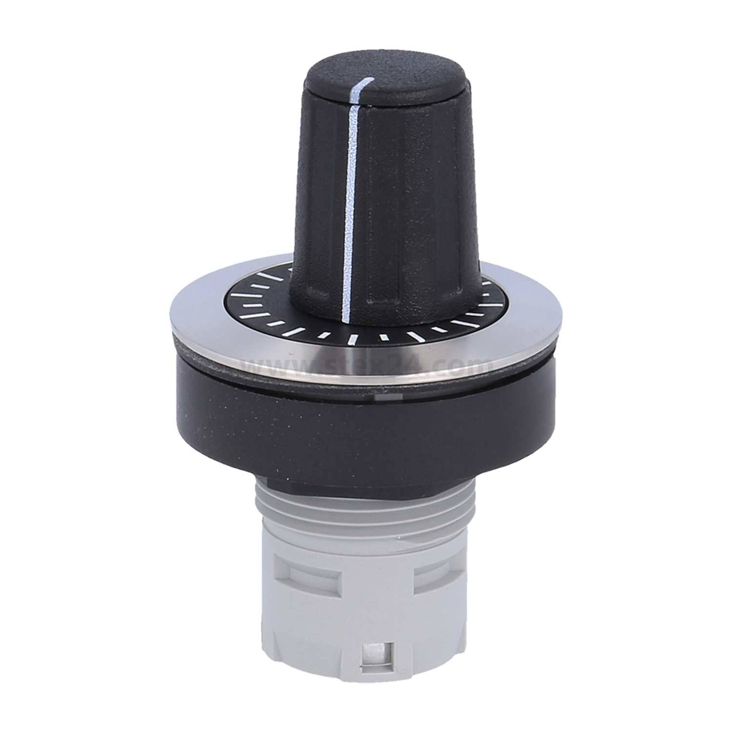 Ein schwarzer Drehknopf mit einem weißen Streifen und Markierungen für präzise Einstellungen, angebracht an einer weißen Basiskomponente.