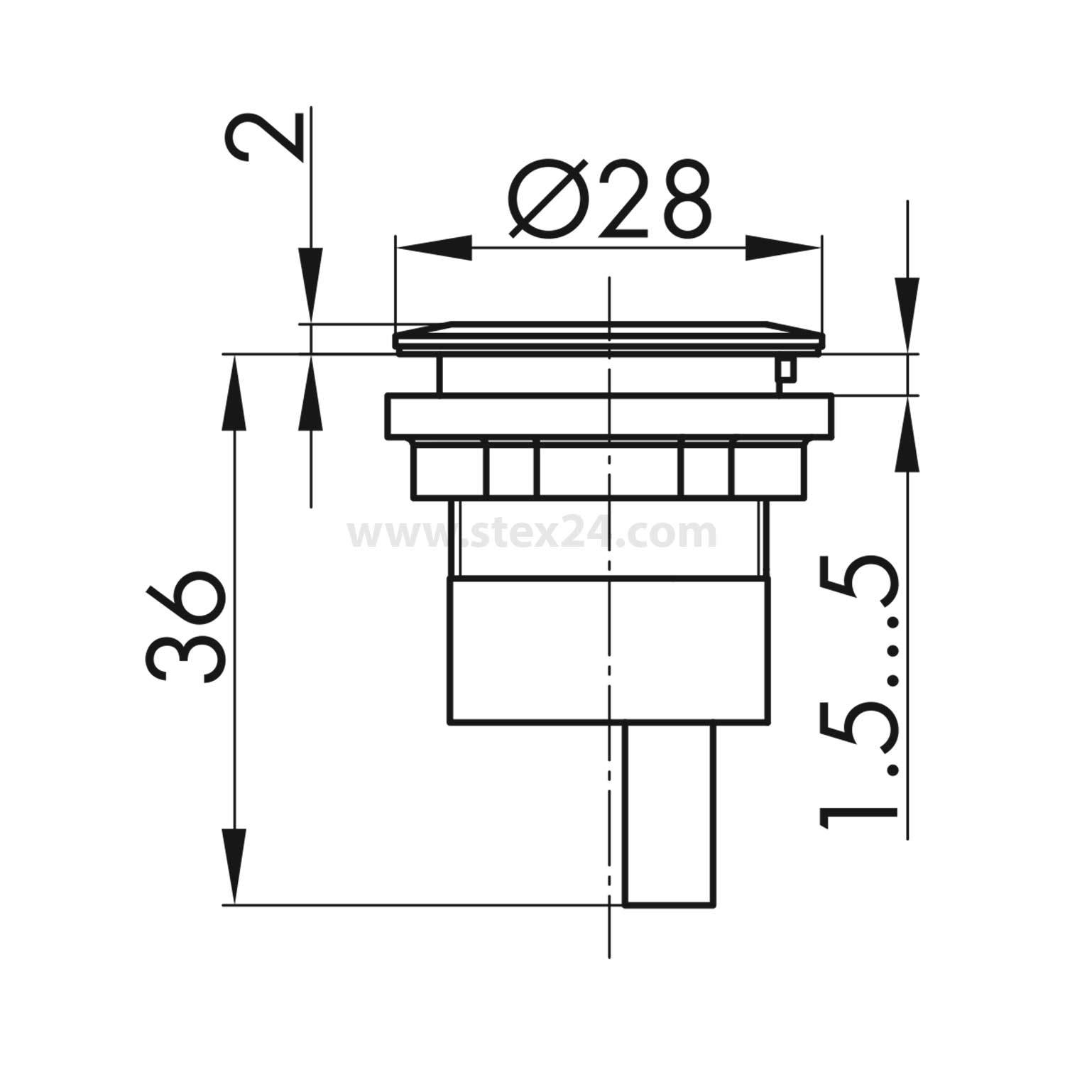 Eine technische Zeichnung zur Darstellung der Abmessungen einer zylindrischen Komponente: Durchmesser 28 mm, Höhe 36 mm und Höhe des Obersegments 2 mm.