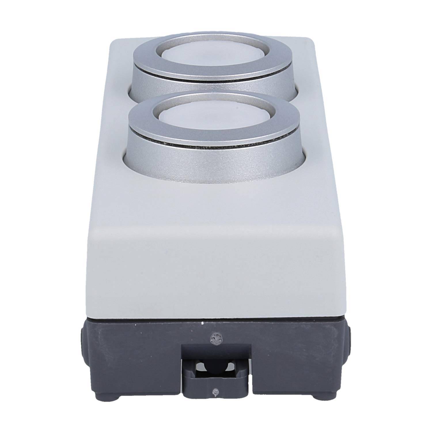 Ein weiß-grauer Laborapparat mit zwei runden Metallhalterungen oben, wahrscheinlich zum Halten von Behältern oder Bechern verwendet.