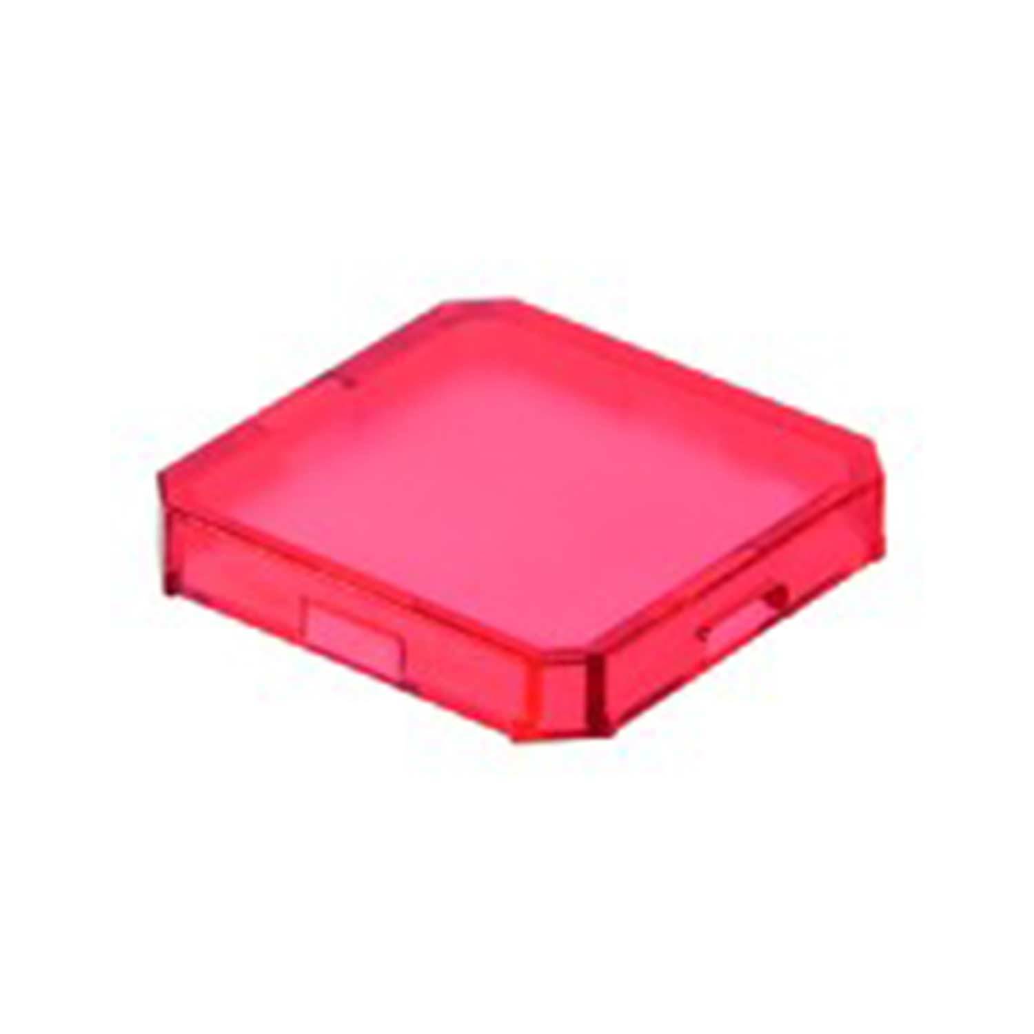 Eine durchscheinende rote Plastikbox mit einer kleinen Lasche an einer Seite, die zum Aufbewahren von kleinen Gegenständen wie CDs oder Spielmarken verwendet wird.