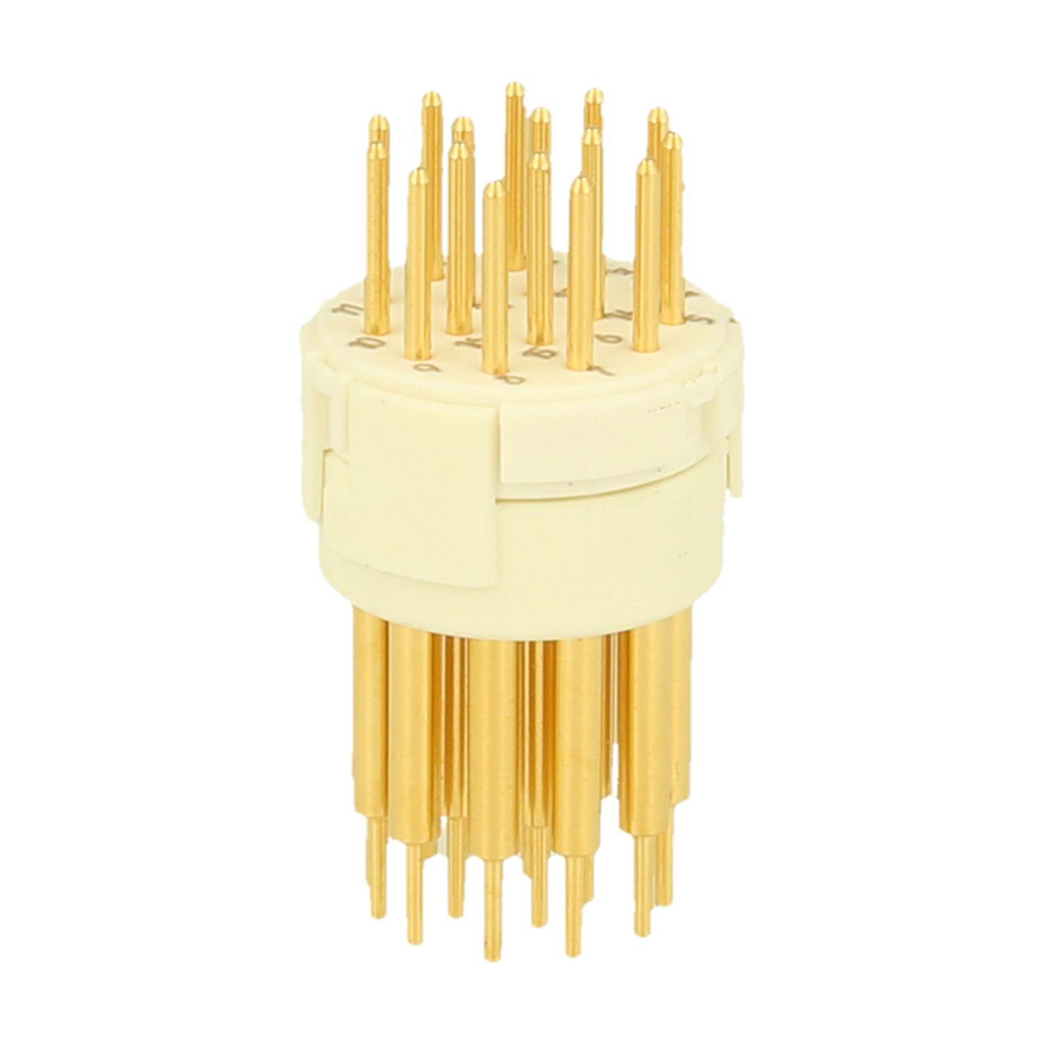 Ein weißer und goldener Mehrfachsteckverbinder mit mehreren hervorstehenden Goldstiften.