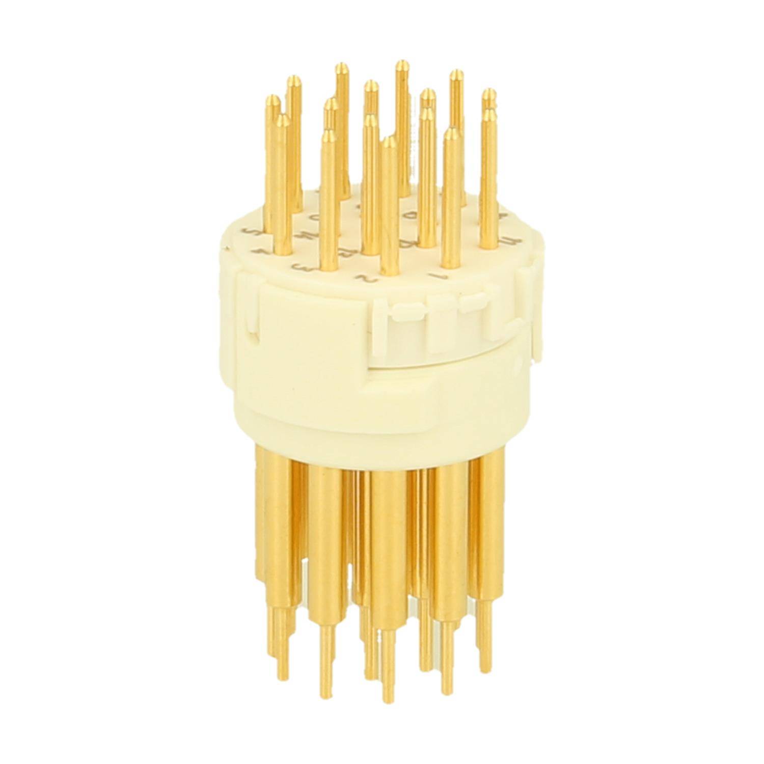 Eine weiße kreisförmige elektronische Komponente mit mehreren vertikalen goldenen Pins für elektrische Verbindungen.