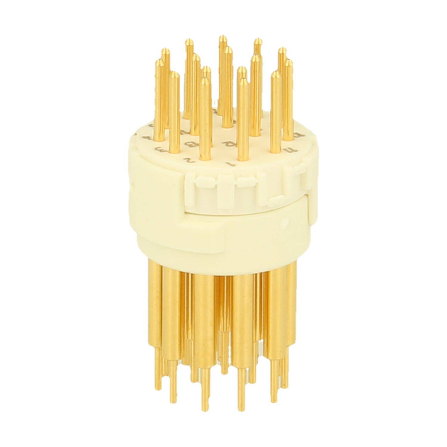 Ein weißer und goldener elektronischer Anschluss mit mehreren Metallstiften, die in einem kreisförmigen Muster angeordnet sind und zum Verbinden von elektrischen Komponenten verwendet werden.