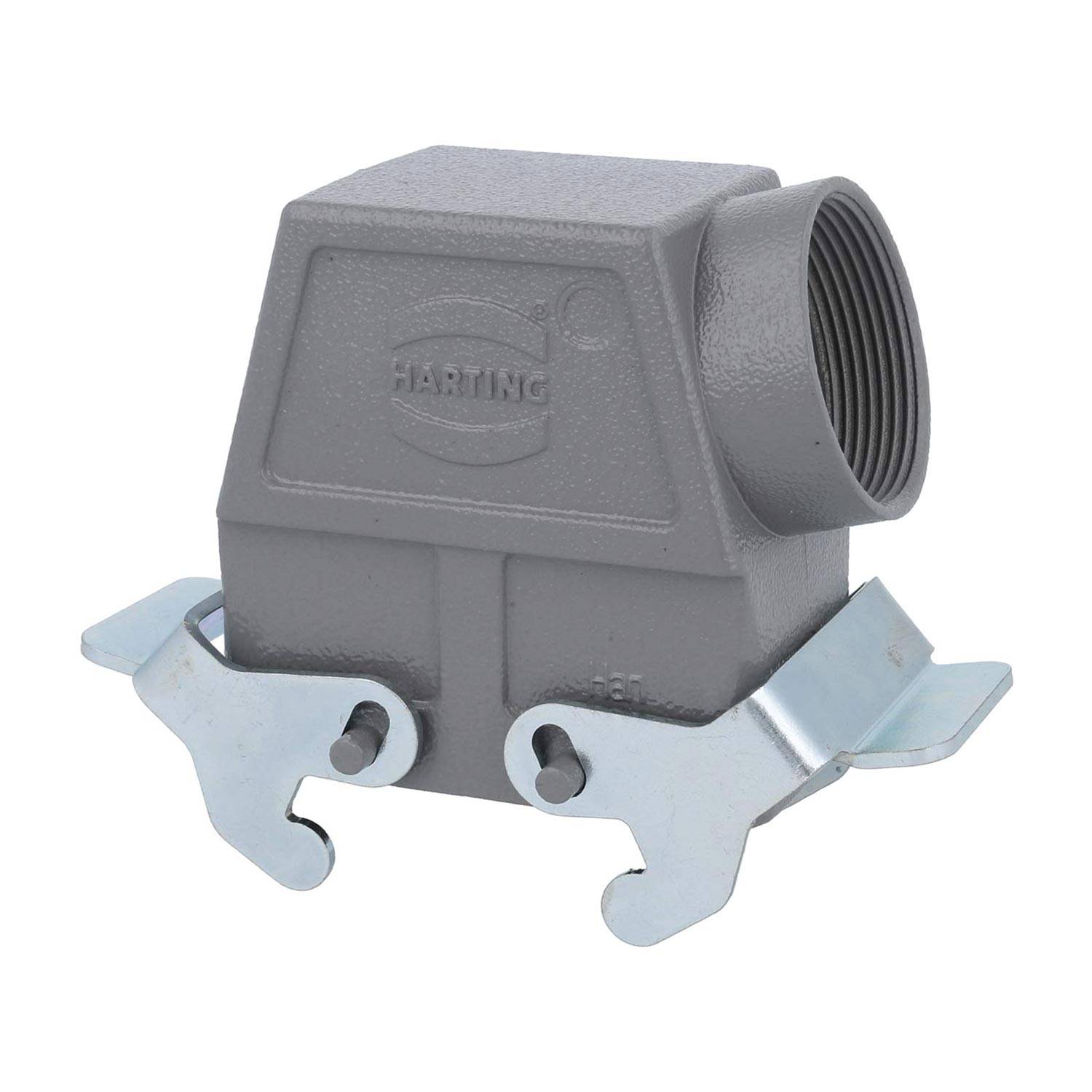 Ein grau-industrielles Anschlussgehäuse mit seitlichem Kabeleintritt und metallischen Verriegelungshebeln für eine sichere Befestigung. Der Markenname ist eingeprägt.