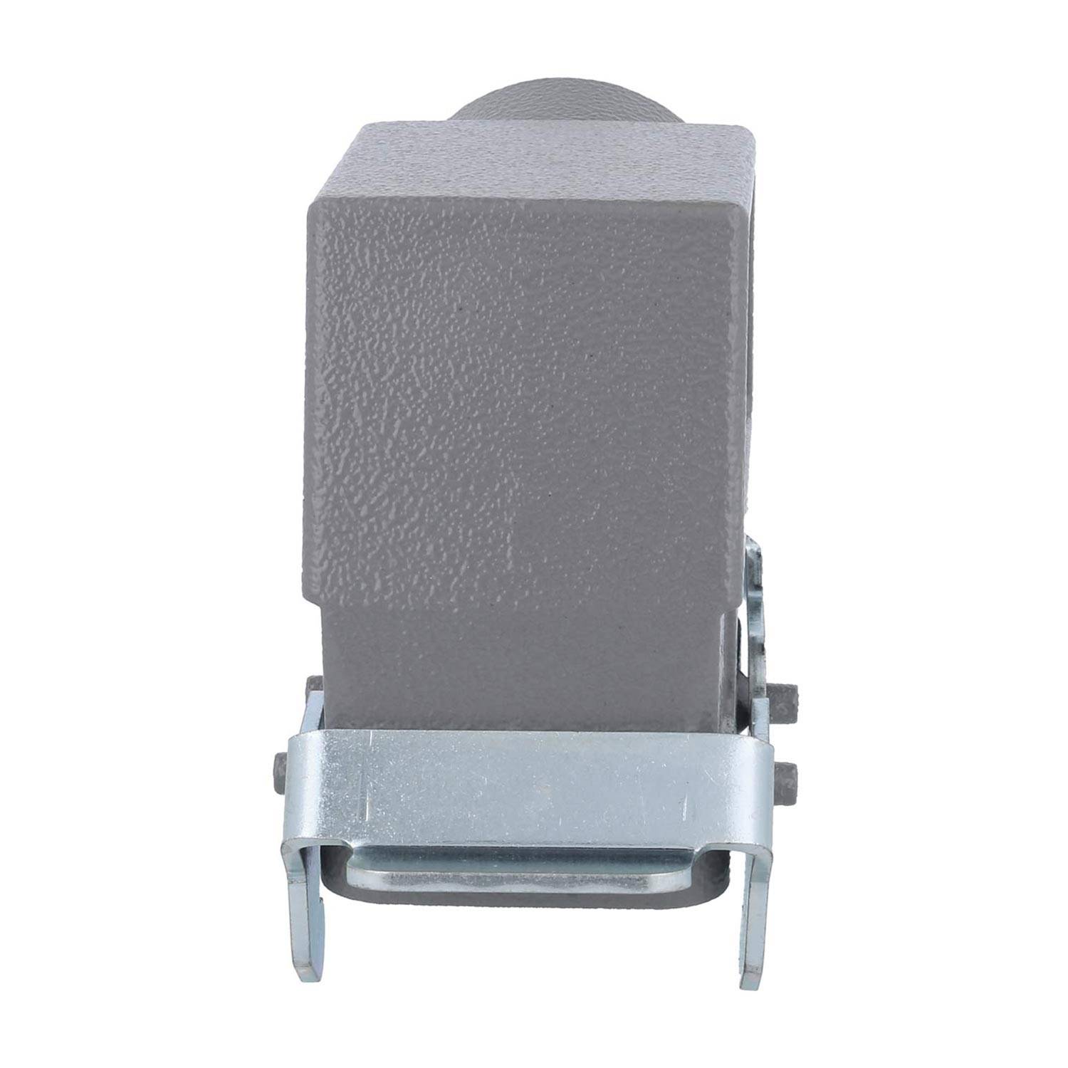 Ein grauer industrieller Grenztaster mit rechteckigem Gehäuse und metallenem Halterungsbügel an der Basis ist abgebildet.