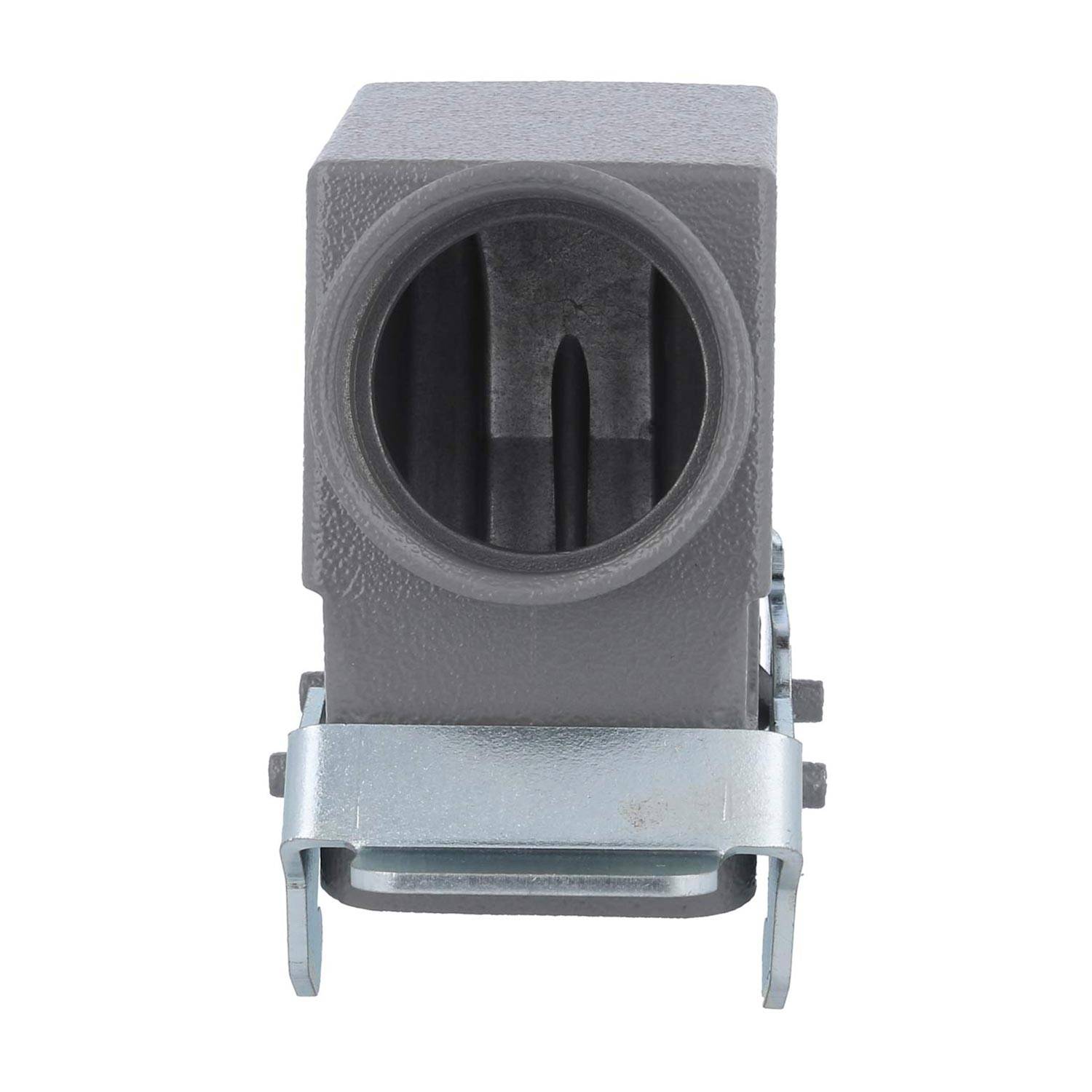 Ein grauer Metallhalter mit einer zylindrischen Öffnung und zwei Befestigungsbolzen, möglicherweise für Installations- oder Montagezwecke verwendet.