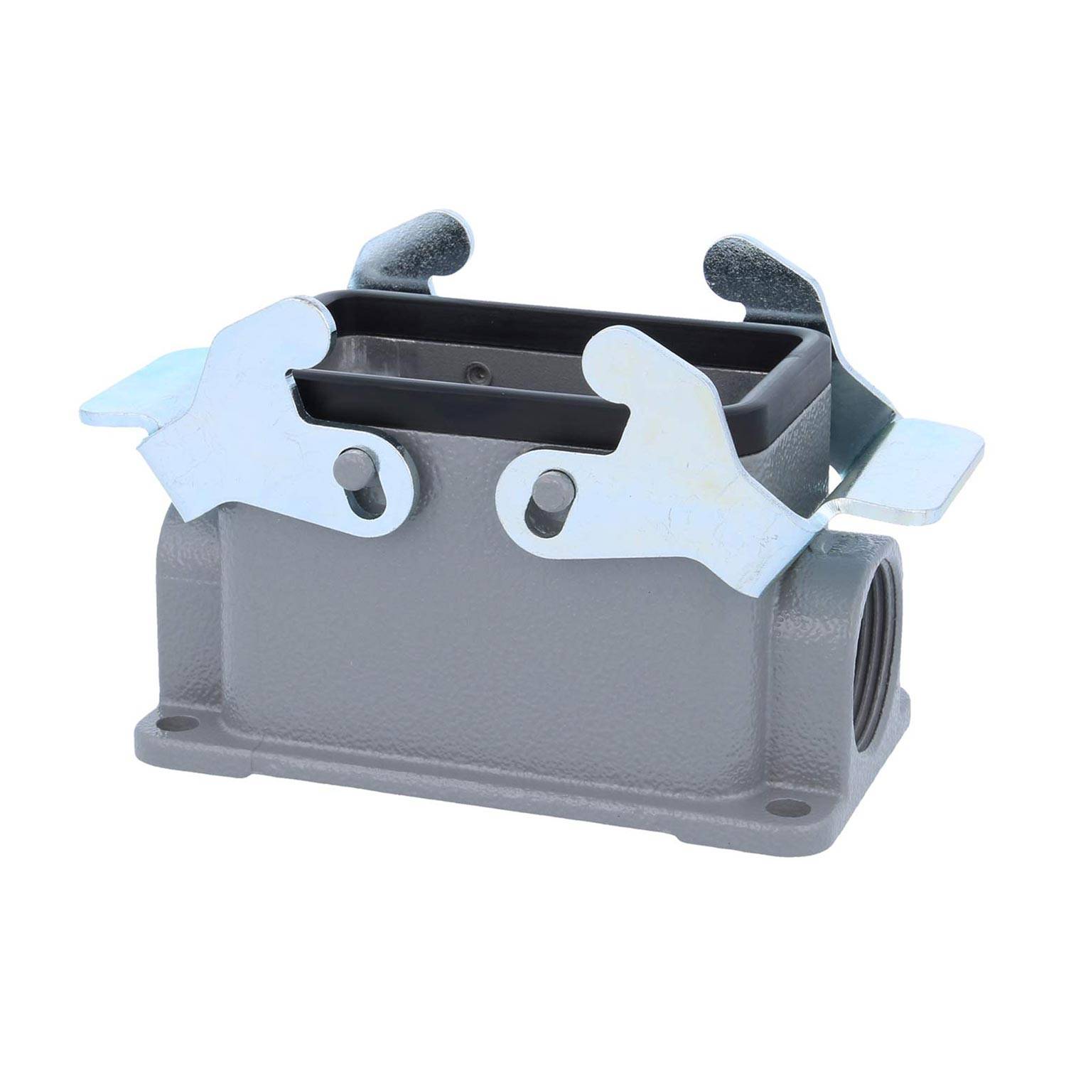 Industrielles Metallverbindergehäuse mit zwei seitlichen Verriegelungen, entwickelt zum Sichern von Kabeln in elektrischen Baugruppen.