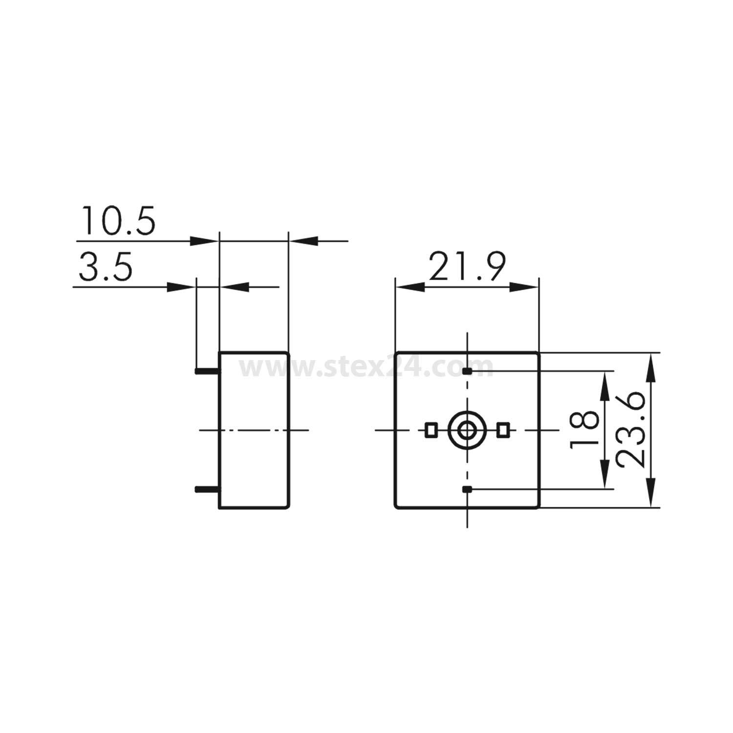 Technische Zeichnung einer Komponente mit Abmessungen: 10,5, 3,5 Höhe und 21,9 Breite. Zwei Löcher mit Abständen von 18 und 23,6.