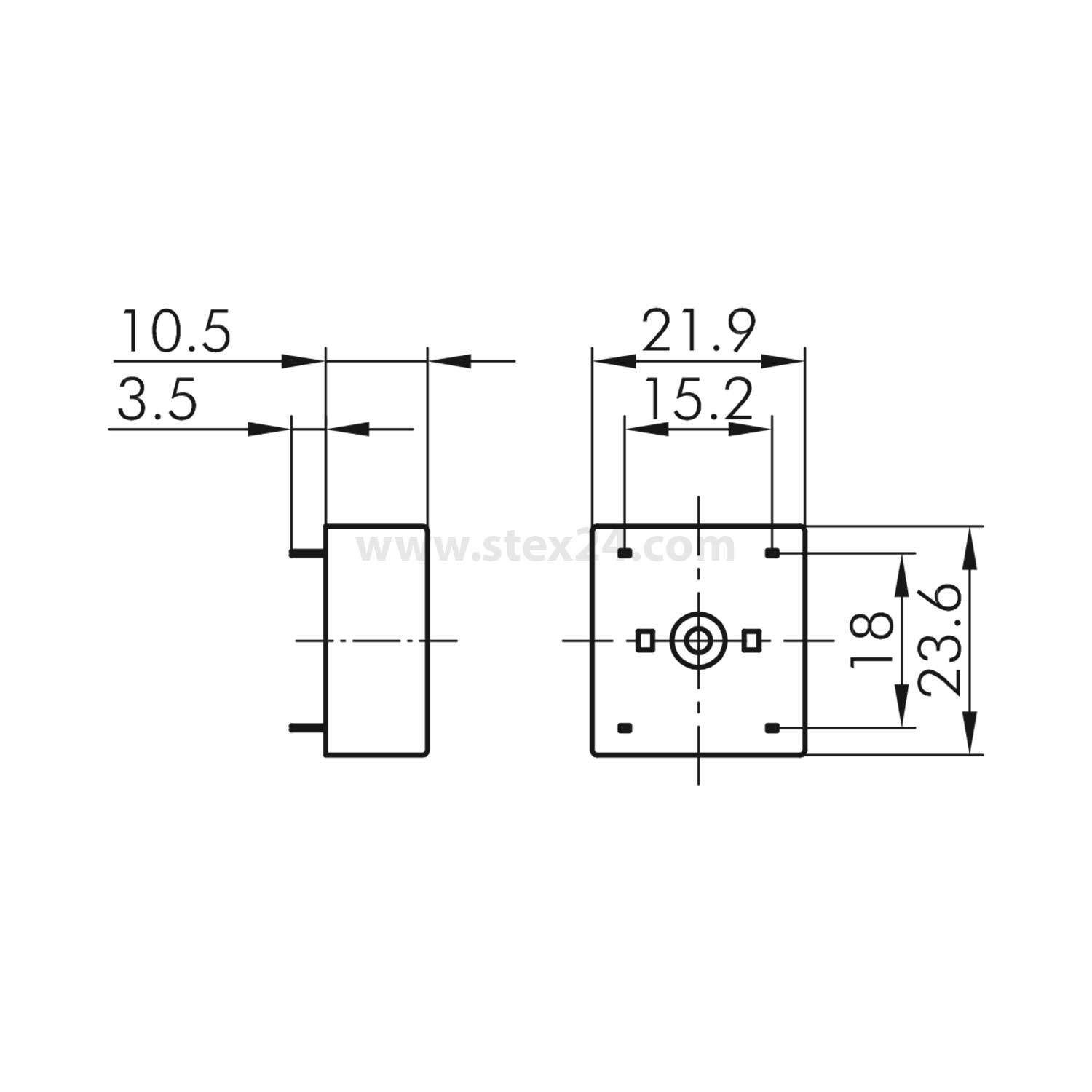 Technische Zeichnung mit Abmessungen einer quadratischen Komponente: 21,9 x 21,9 mit zusätzlichen markierten Messungen 10,5, 3,5, 15,2, 18 und 23,6.