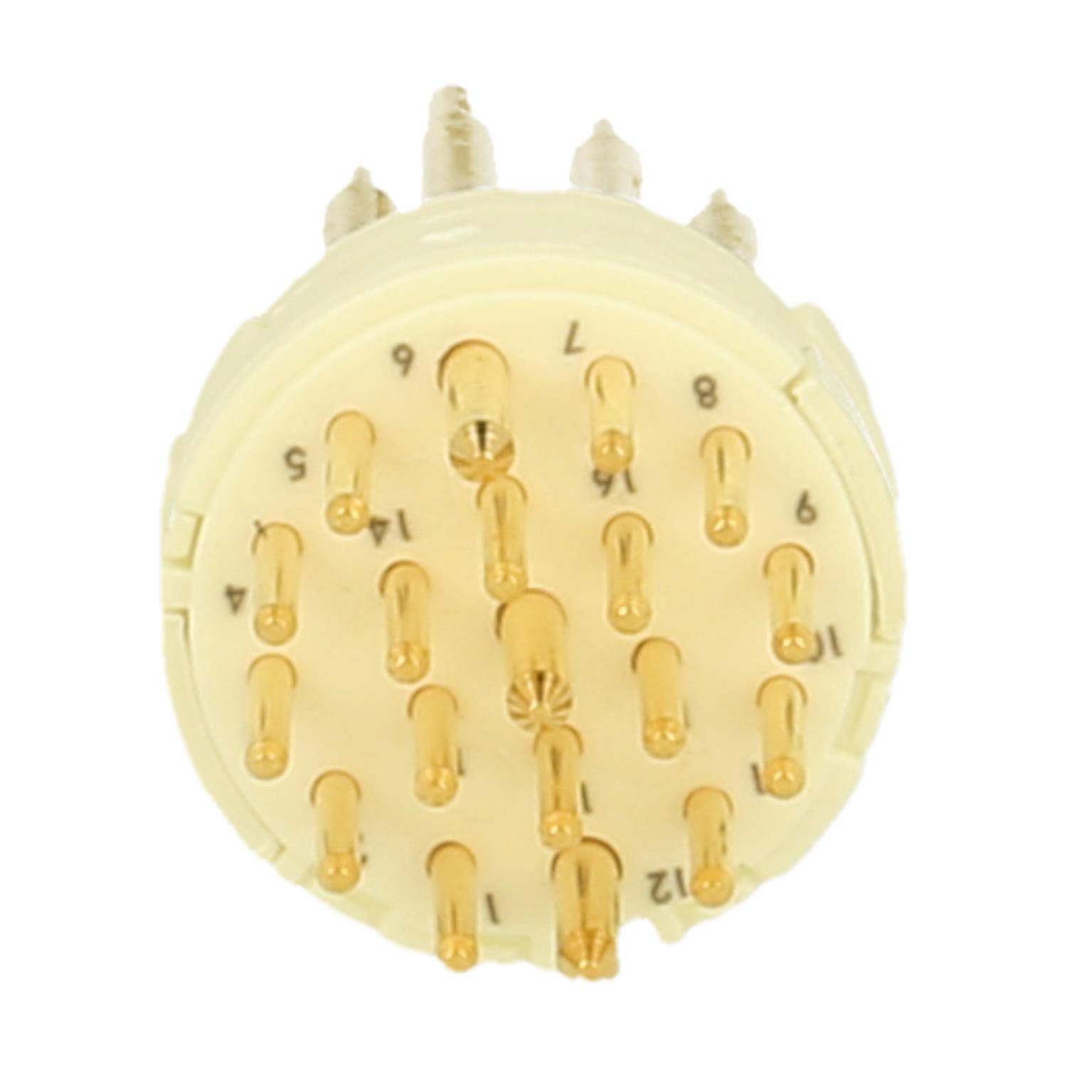 Eine runde, beige elektronische Komponente mit mehreren nummerierten Goldstiften, die in einem kreisförmigen Muster angeordnet sind und für elektrische Verbindungen verwendet wird.