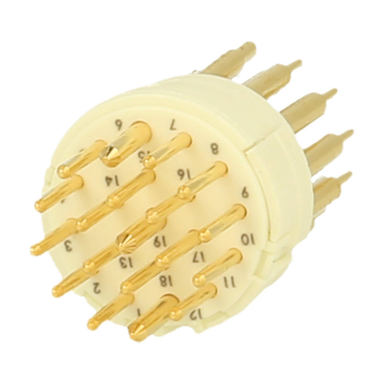 Kreisförmiger Elektronikstecker mit 14 vergoldeten Pins, symmetrisch angeordnet, auf einer beigen Basis. Verwendet für sichere elektrische Verbindungen.