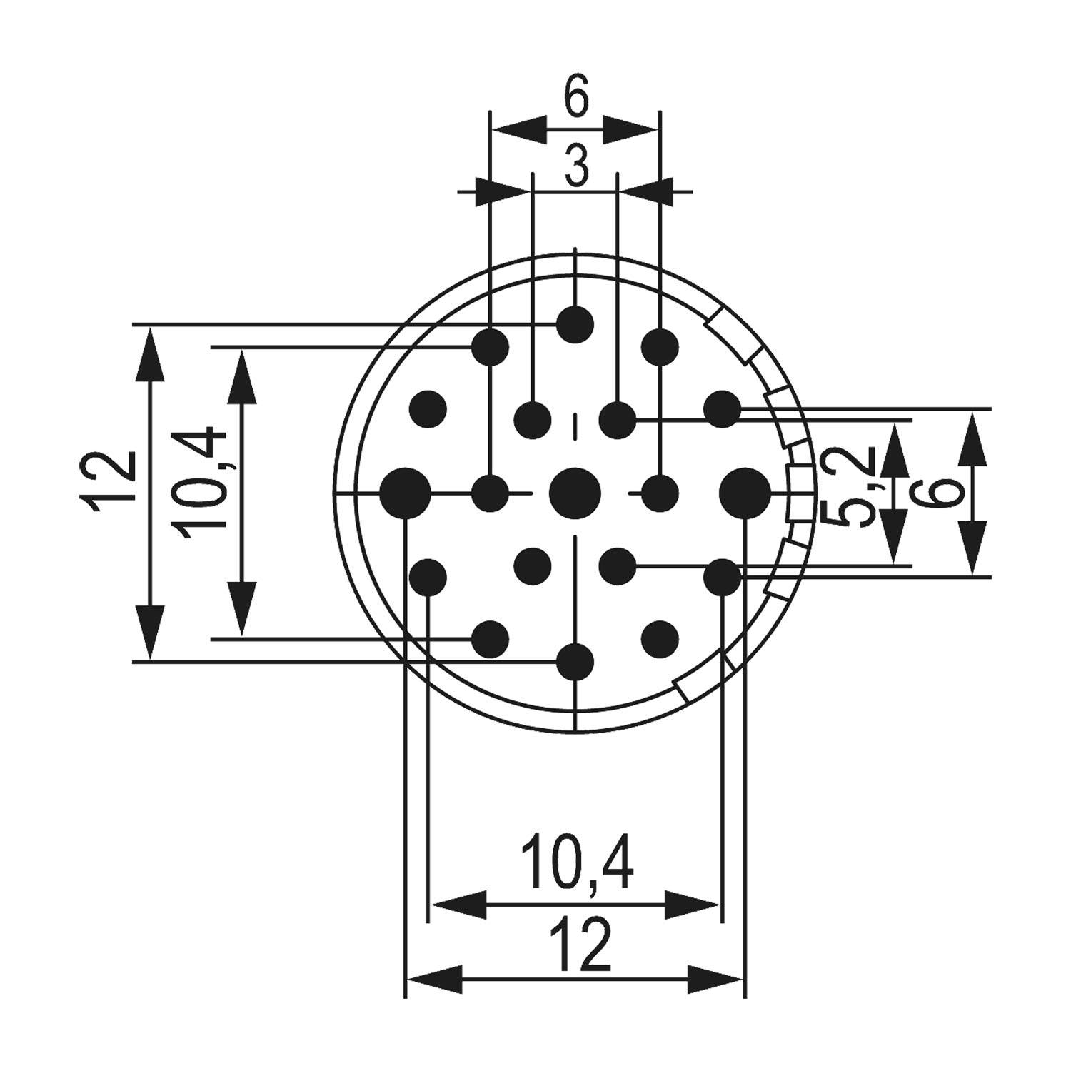 Technische Zeichnung eines kreisförmigen Objekts mit präzisen Maßangaben. Durchmesser beträgt 12 mm, mit mehreren markierten inneren und äußeren Dimensionen.