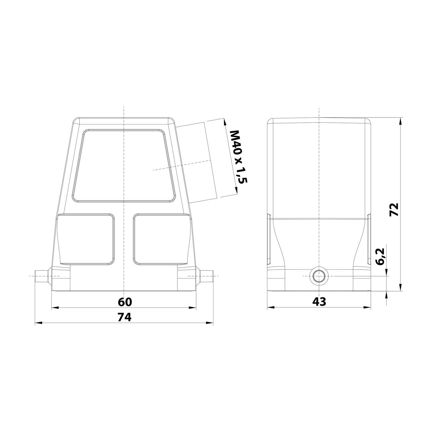 05300060564 HARTING Han 6B Tüllengehäuse hoch, 1xM40 seitlicher Kabelabgang, für 1 Bügel (am Unterteil) Verschraubung