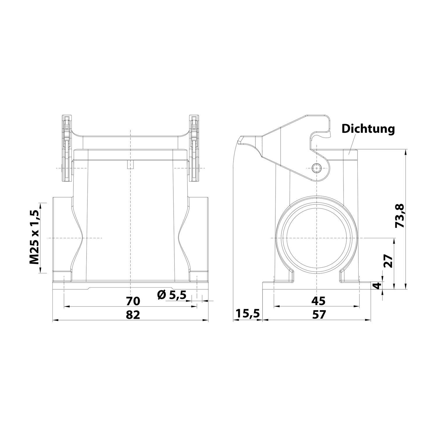 05300060269 HARTING Han 6B Sockelgehäuse hoch, 1xM25 seitlicher Kabelabgang, mit 1 Längsbügel Verschraubung M25
