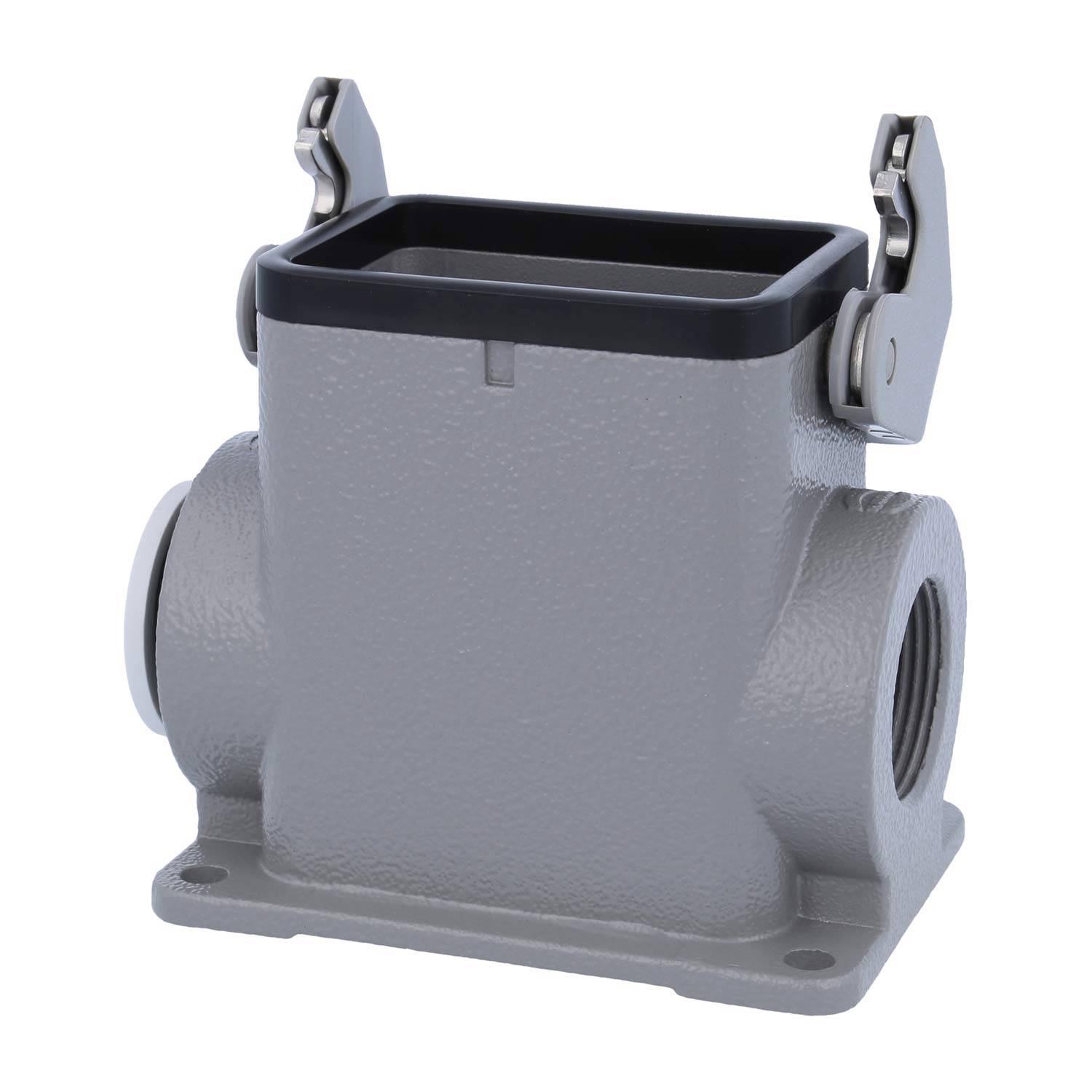 Ein rechteckiges graues industrielles Anschlussgehäuse mit zwei Metallverriegelungsarmen und kreisförmigen seitlichen Öffnungen, verwendet für elektrische Verbindungen.