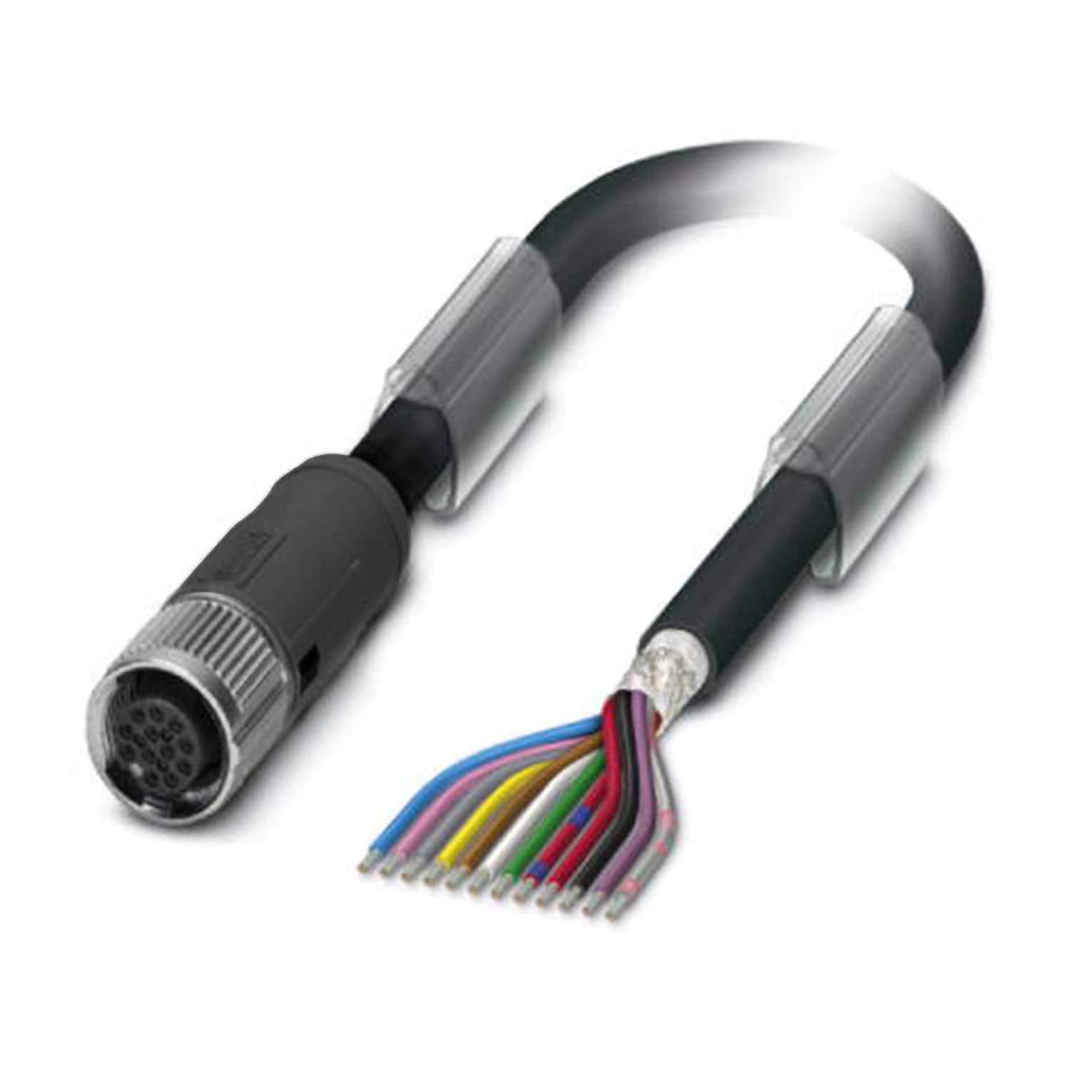 Ein schwarzes Kabel mit einem kreisförmigen Anschlussende, teilweise abisoliert, wodurch mehrfarbige Leitungen sichtbar werden, wahrscheinlich für elektronische oder Netzwerkzwecke.