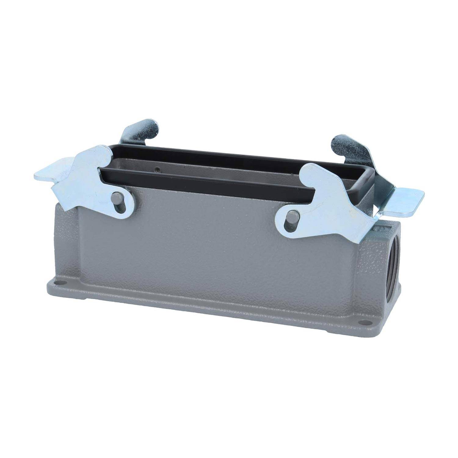 Graues rechteckiges industrielles Verbindungsgehäuse mit zwei seitlichen Verriegelungen, verwendet zur Sicherung elektrischer Verbindungen.