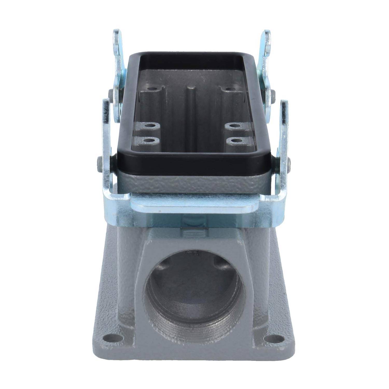 Ein grauer rechteckiger industrieller Anschlussgehäuse mit einer kreisförmigen Öffnung am Boden und Metallbeschlägen an den Seiten.