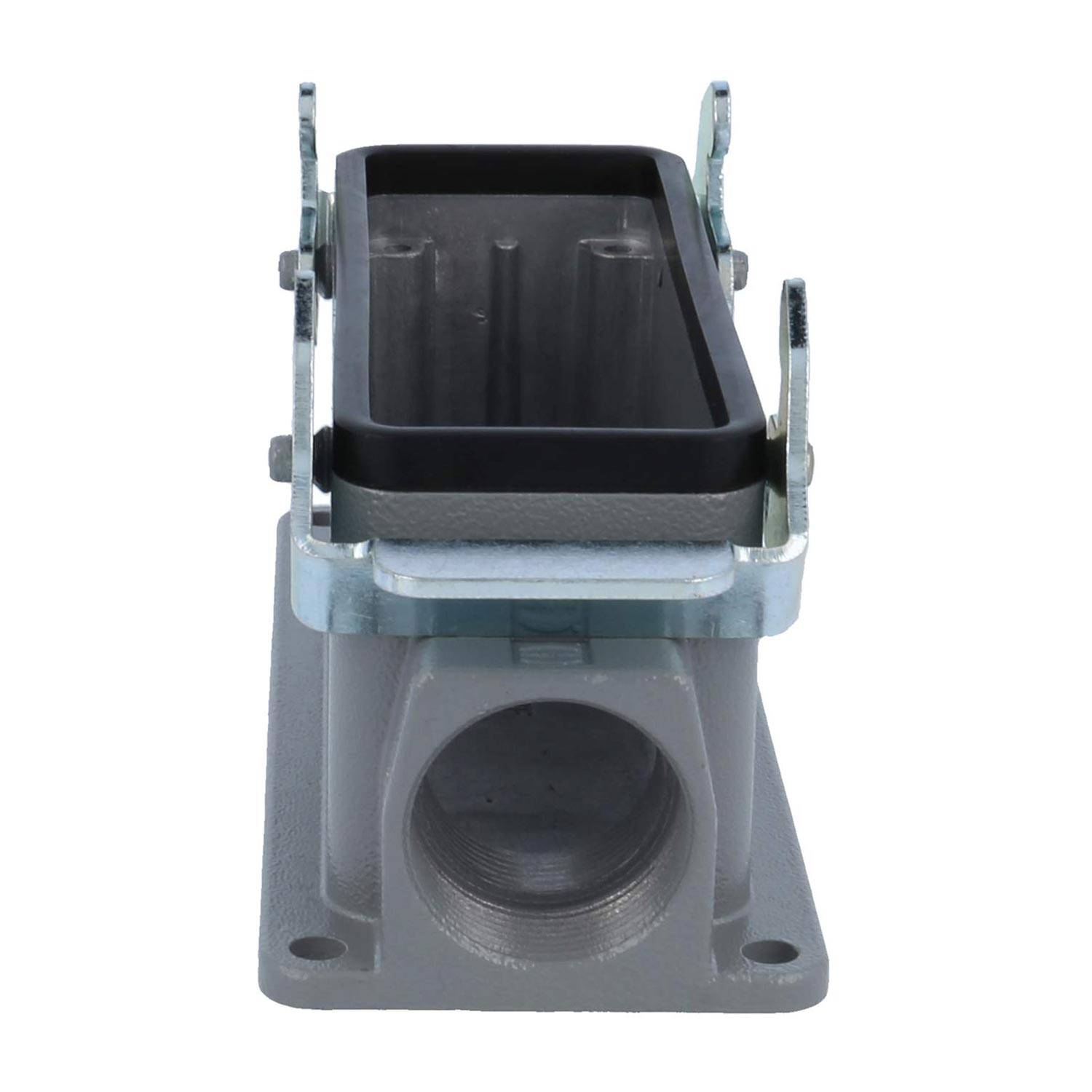 Rechteckige Metallkomponente für industrielle Anwendungen mit einer großen zylindrischen Öffnung am unteren Ende und zwei Halterungen oben zum Befestigen von Ausrüstung.